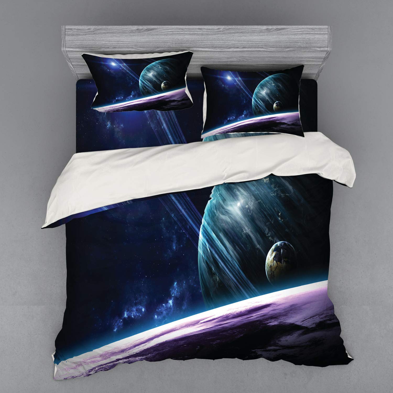 Ambesonne Galaxy Bedding Set - King Size 4-Piece Duvet Cover Set with Pillow Shams & Fitted Sheet, Space Universe Planets Astronomy Print with Glow in The Dark Effects, Blue Purple Cosmic Design - Perfect for Astronomy Lovers' Bedroom, Kids Room Decor or Unique Gift Idea