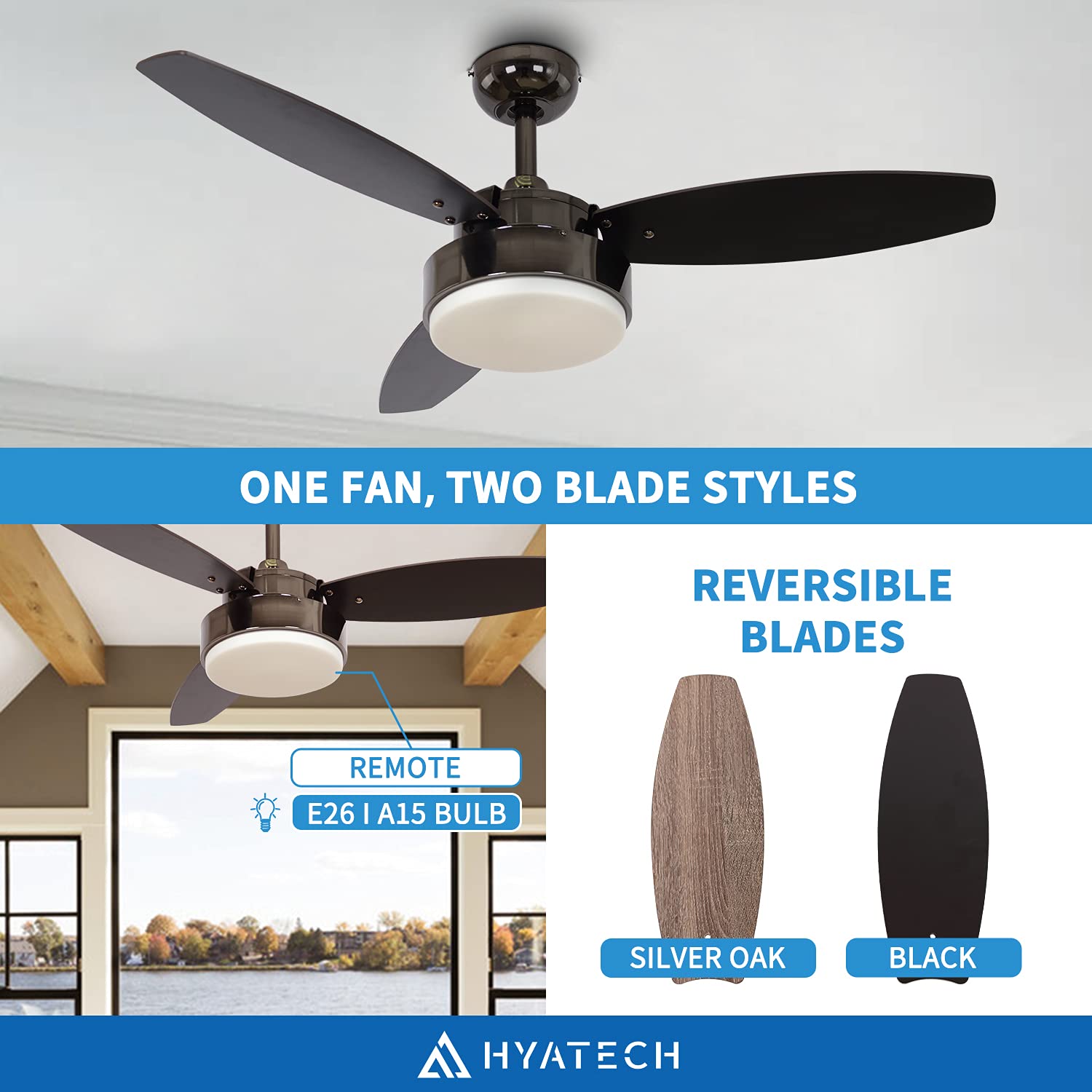 42 Inch Modern Indoor Ceiling Fan with Dimmable LED Light & Remote Control - Reversible Blades, ETL Certified - Perfect for Living Room, Bedroom, Kitchen, Basement - Gun Metal Finish for Contemporary Home Decor