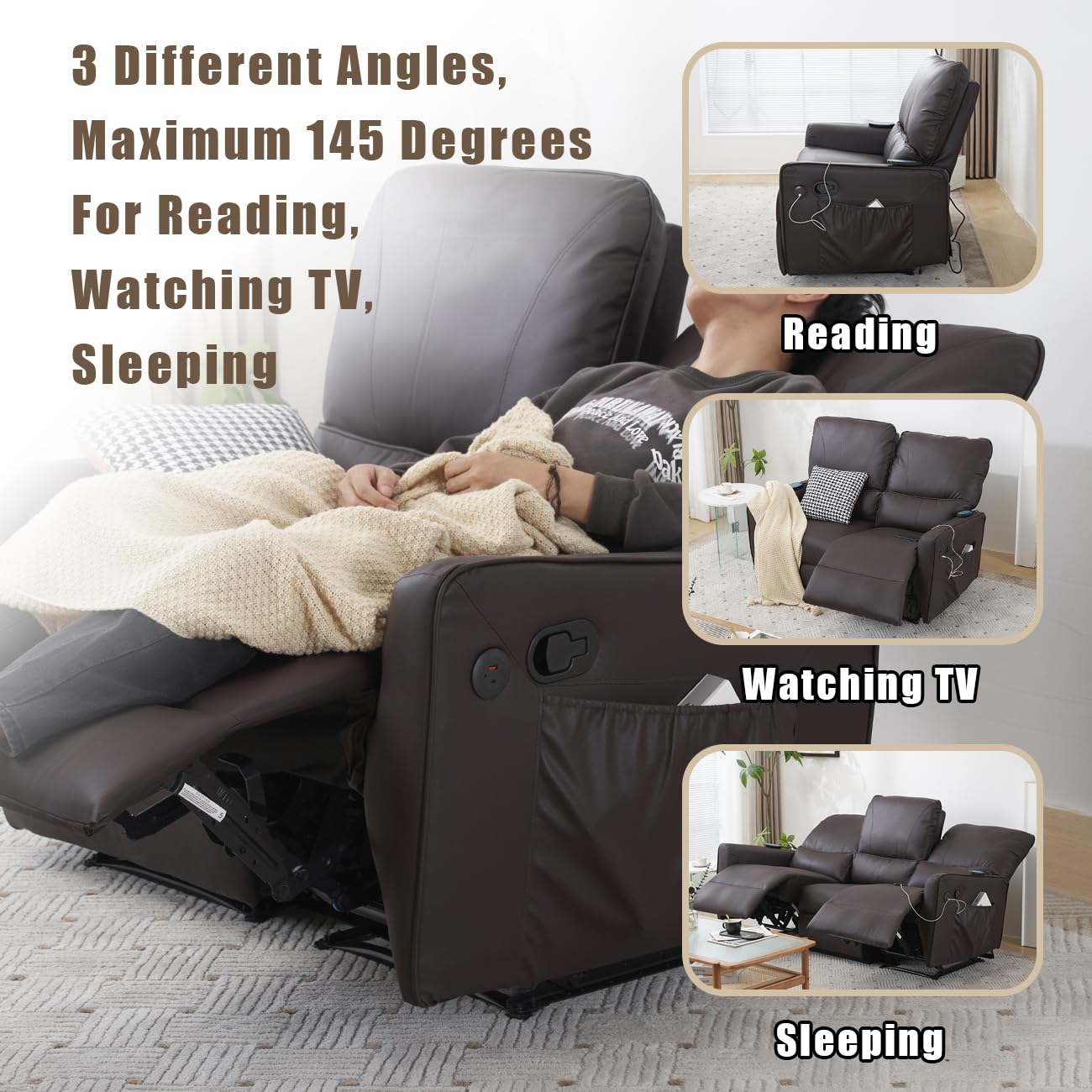 **RVEE RV Loveseat Console Theater Seating – 2-Seater Powered Recliner Double Sofa with USB Charging, Massage & Heat – Faux Leather Brown – Perfect for RV, Home Theater & Living Room**