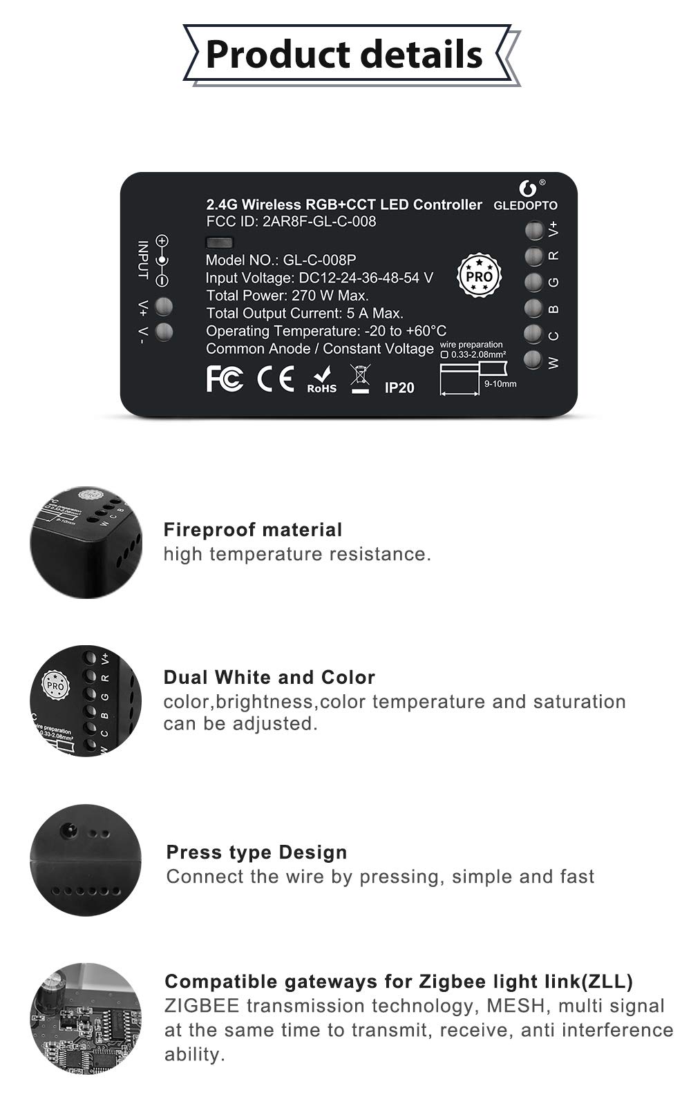 Smart LED Strip Light Controller - RGBCCT/RGBW Zigbee Dimmer for 12-24V LED Strips | Works with Amazon Echo Plus | Perfect for Home Theater, Bedroom Lighting & Party Decor