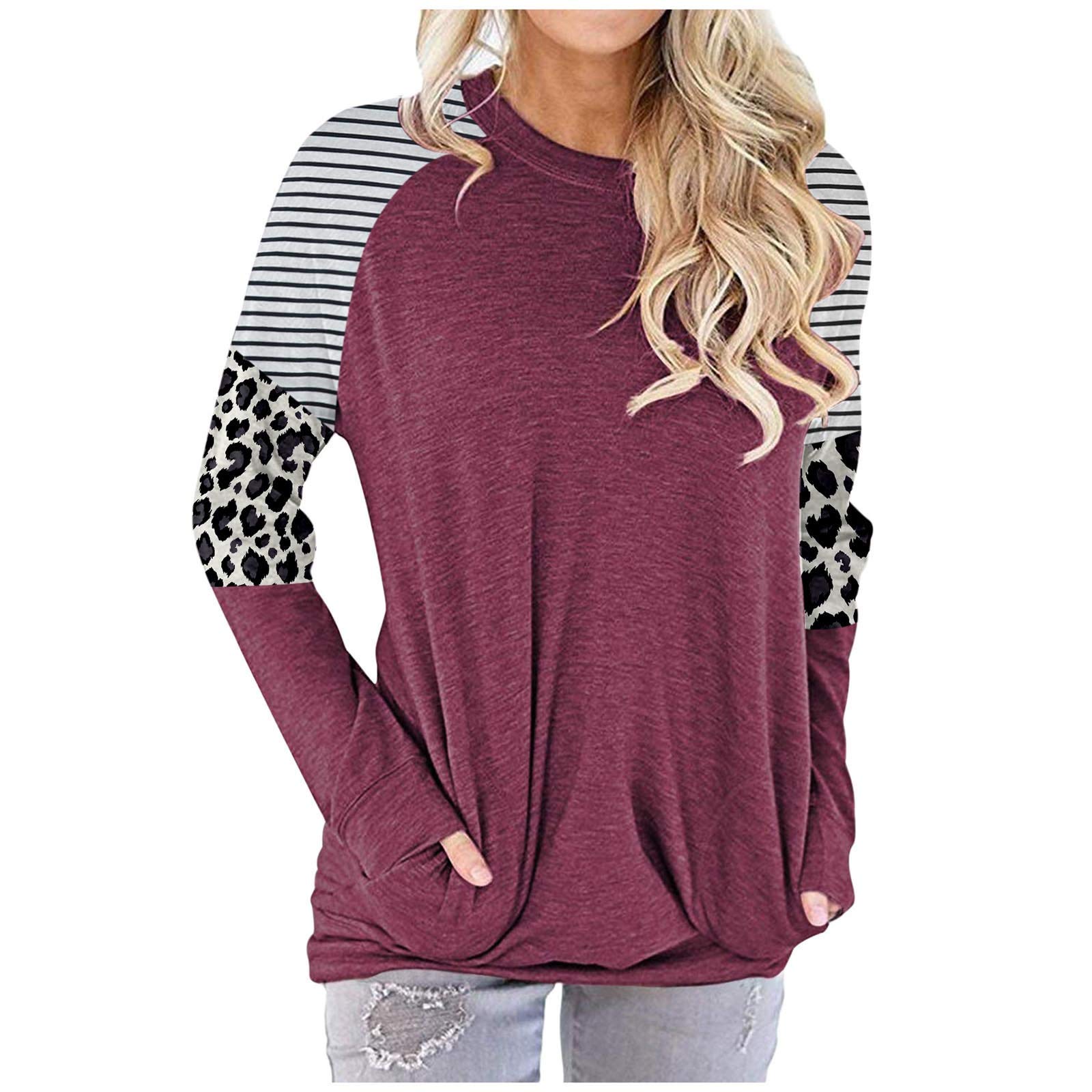 FMCHICO Women's Casual Color Block Long Sleeve T-Shirt - Round Neck Pocket Blouse Sweatshirt Top for Everyday Wear, Work & Weekend Outfits