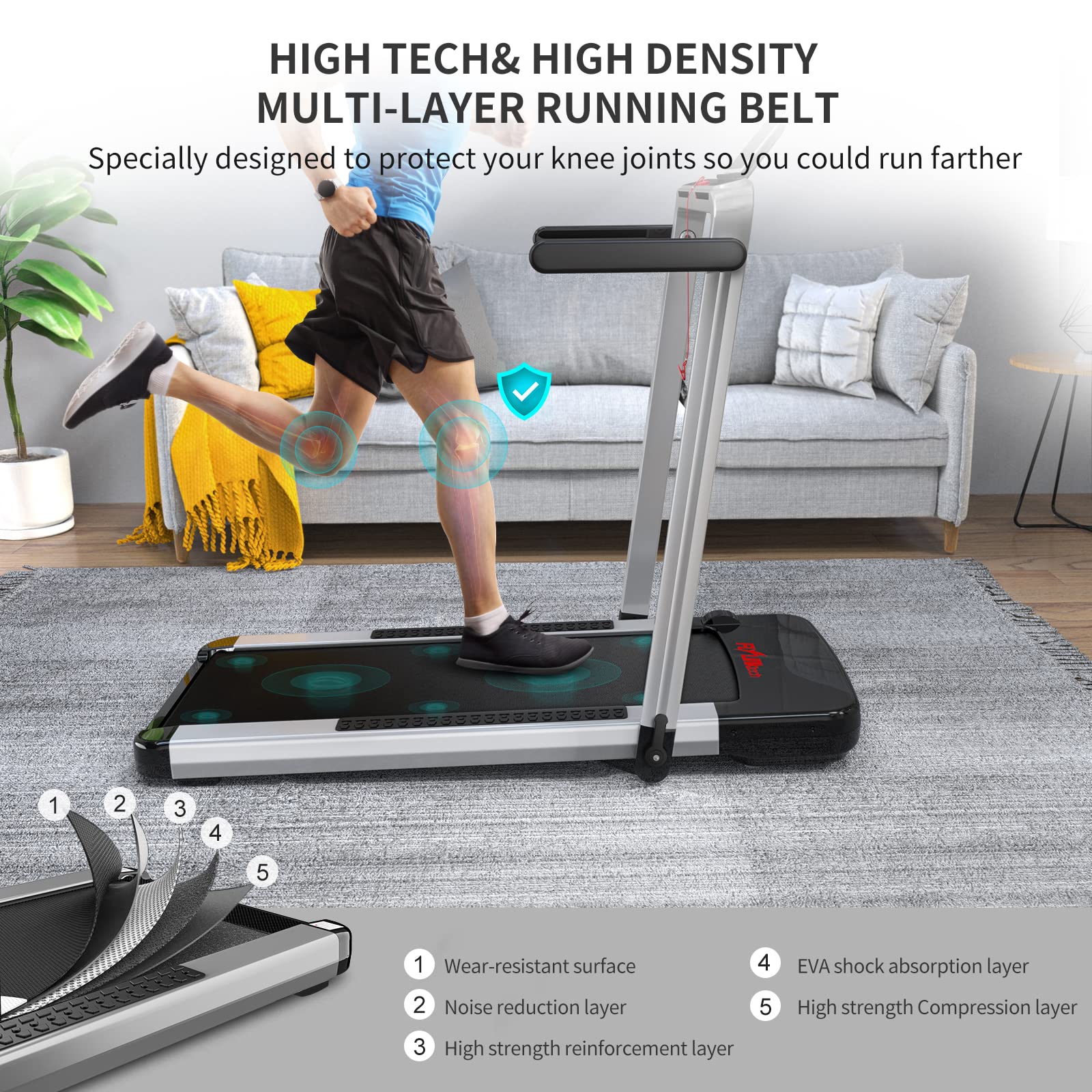 FLYLINKTECH 2 in 1 Folding Treadmill for Home Use - 14 km/h Max Speed with Remote Control - Compact Walking & Running Machine for Indoor Fitness - Perfect for Small Spaces & Home Gym Workouts (Silvery)
