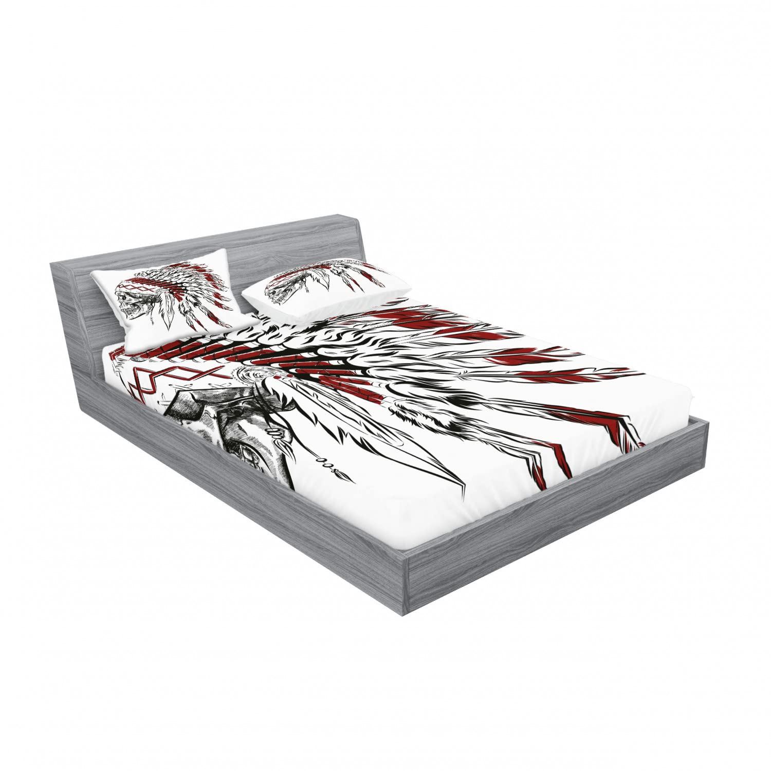 Ambesonne Tribal 2-Piece Queen Size Fitted Sheet Set with 4 Pillow Shams - Feather Headdress Pattern in Burgundy Black White - Soft Bedding Decor for Master Bedroom, Guest Room & Dorm