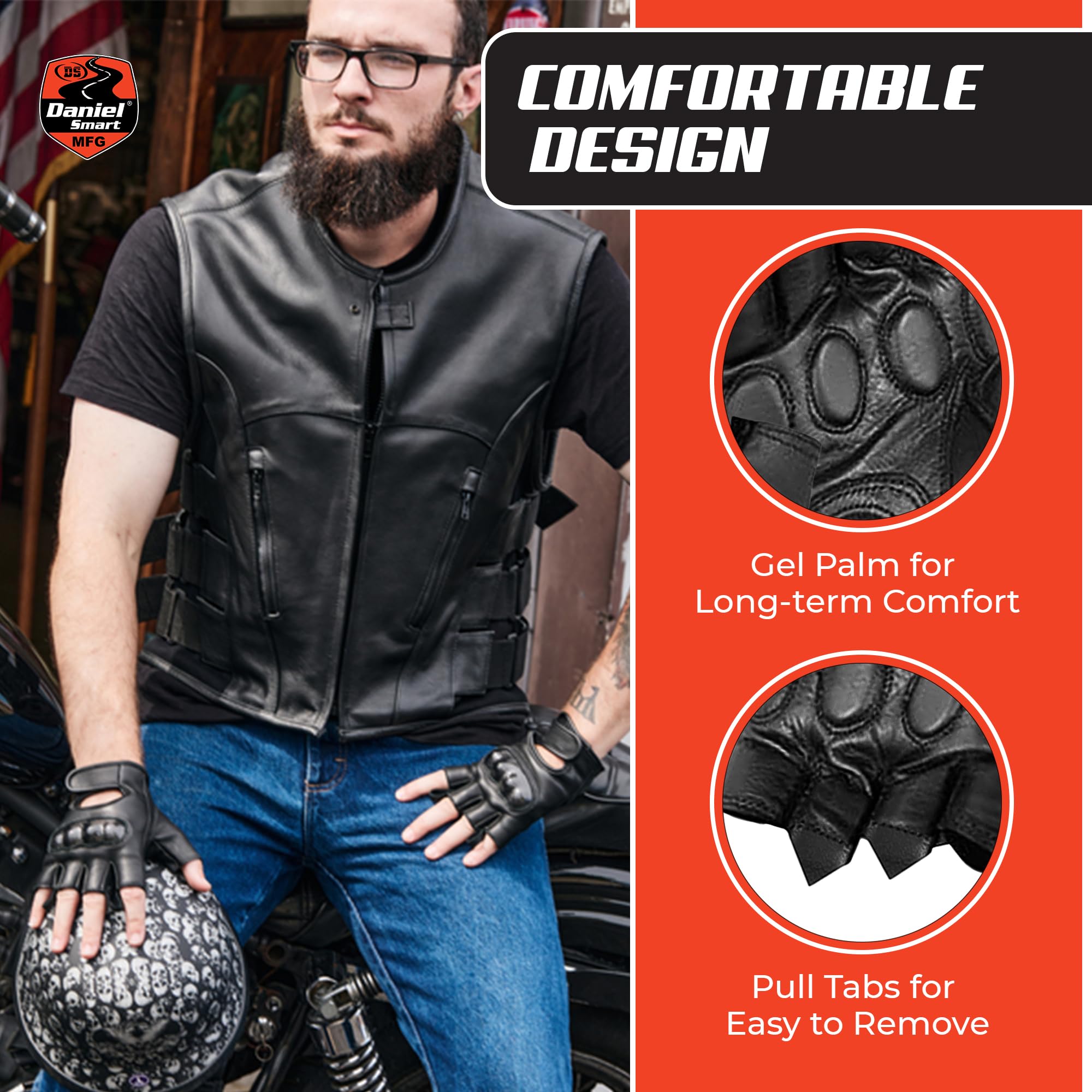 Premium Daniel Smart Cowhide Leather Motorcycle Gloves for Men - Gel Palm Padding & Hard Knuckle Protection - Durable Biker Gloves for Riding, Racing & Adventure Motorcycles