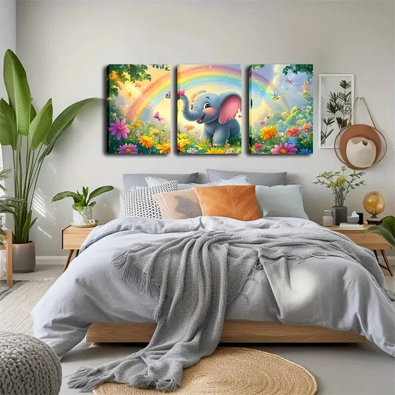 3pcs Baby Elephant and Floral Cartoon Wall Art Set - Framed Canvas Prints 50x70cm - High Quality Australian Made - Perfect for Nursery, Kids Room & Home Decor