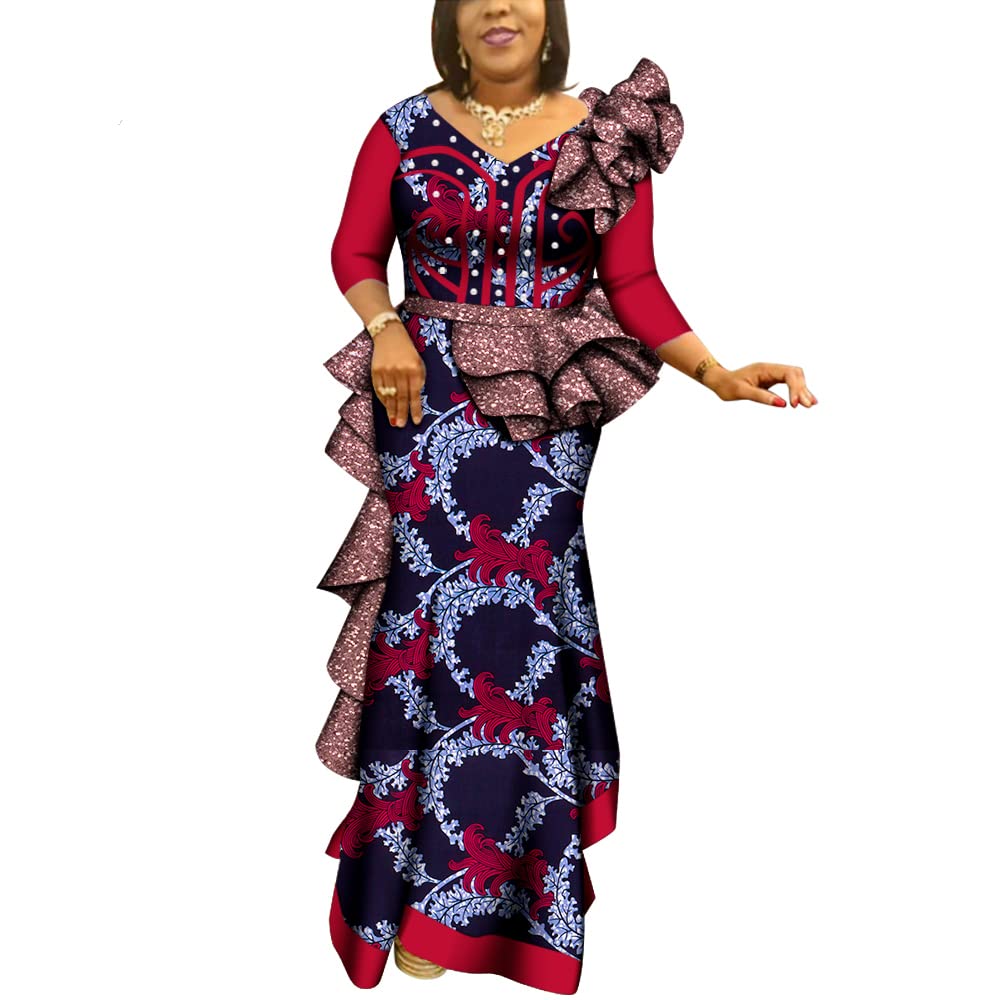 BAZINRICHE African Print Dress for Women | Ankara Fabric Wedding & Party Gown | V-Neck Pearls Bridesmaid Dress | Plus Size Elegant Attire | Perfect for Bridal Showers, Cultural Events & Special Occasions