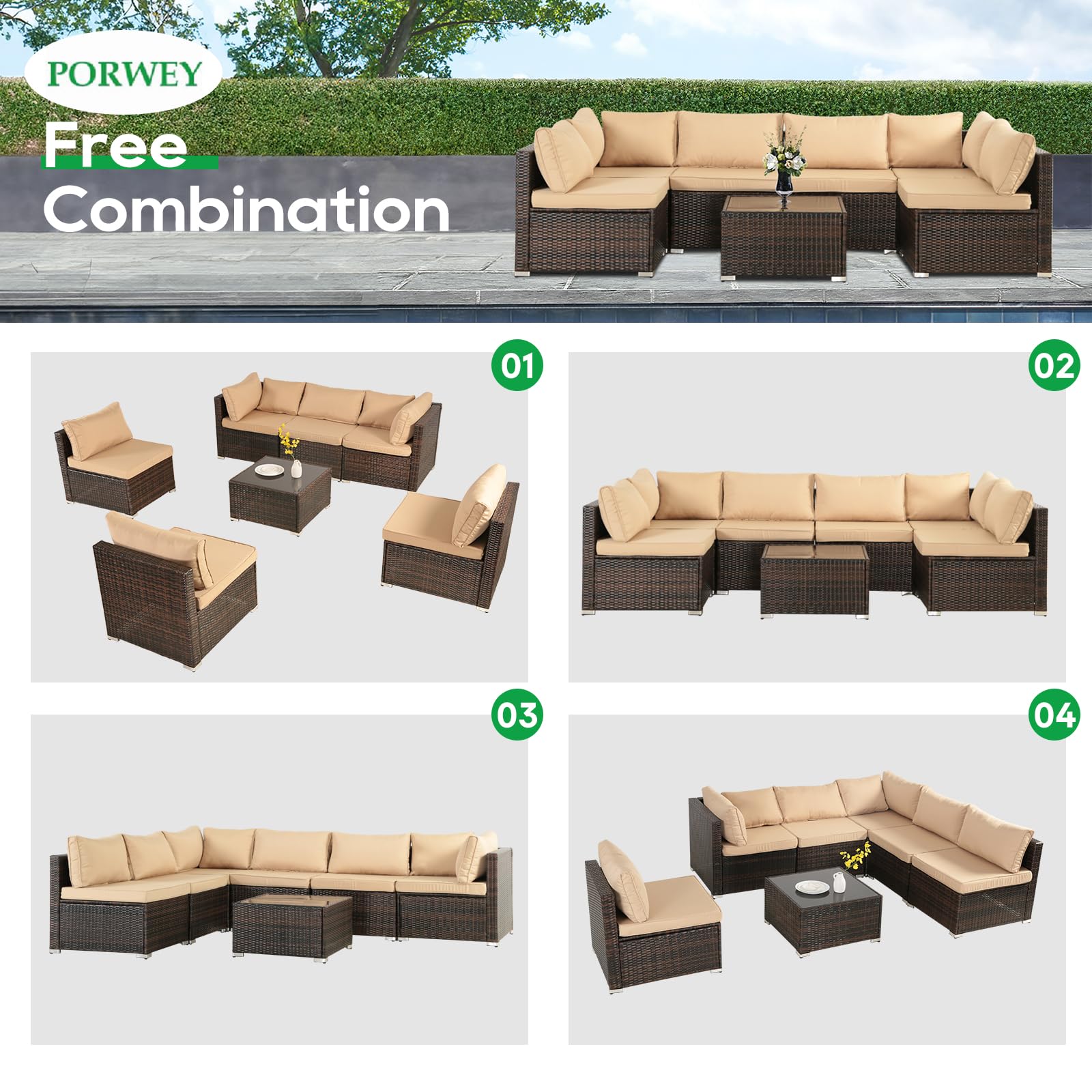 7-Piece Patio Outdoor Furniture Set - Rattan Wicker Sectional Sofa with Coffee Table - Brown Wicker & Khaki Cushion - Perfect for Deck, Lawn, Garden, and Poolside Relaxation