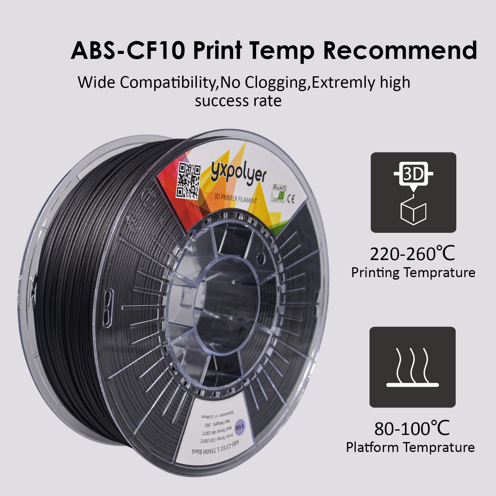 YXPOLYER Carbon Fiber ABS Filament 1.75mm for 3D Printing - High Strength Engineering Filament 1kg Spool (Black) - Perfect for Automotive Parts, Drone Frames & Industrial Prototypes