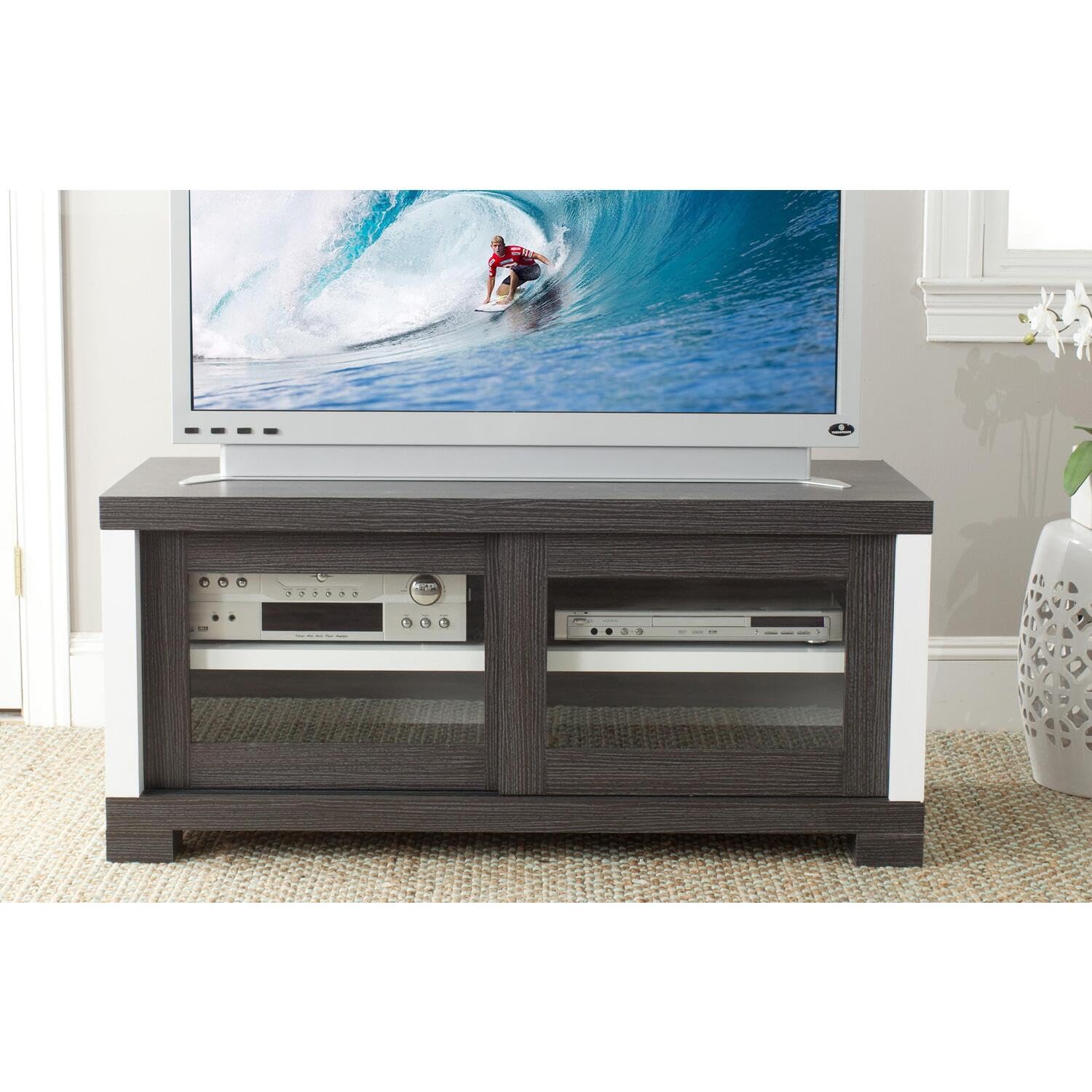 SAFAVIEH Davis Sliding Door TV Stand Cabinet - Modern Entertainment Center for Living Room, Bedroom & Home Theater Storage