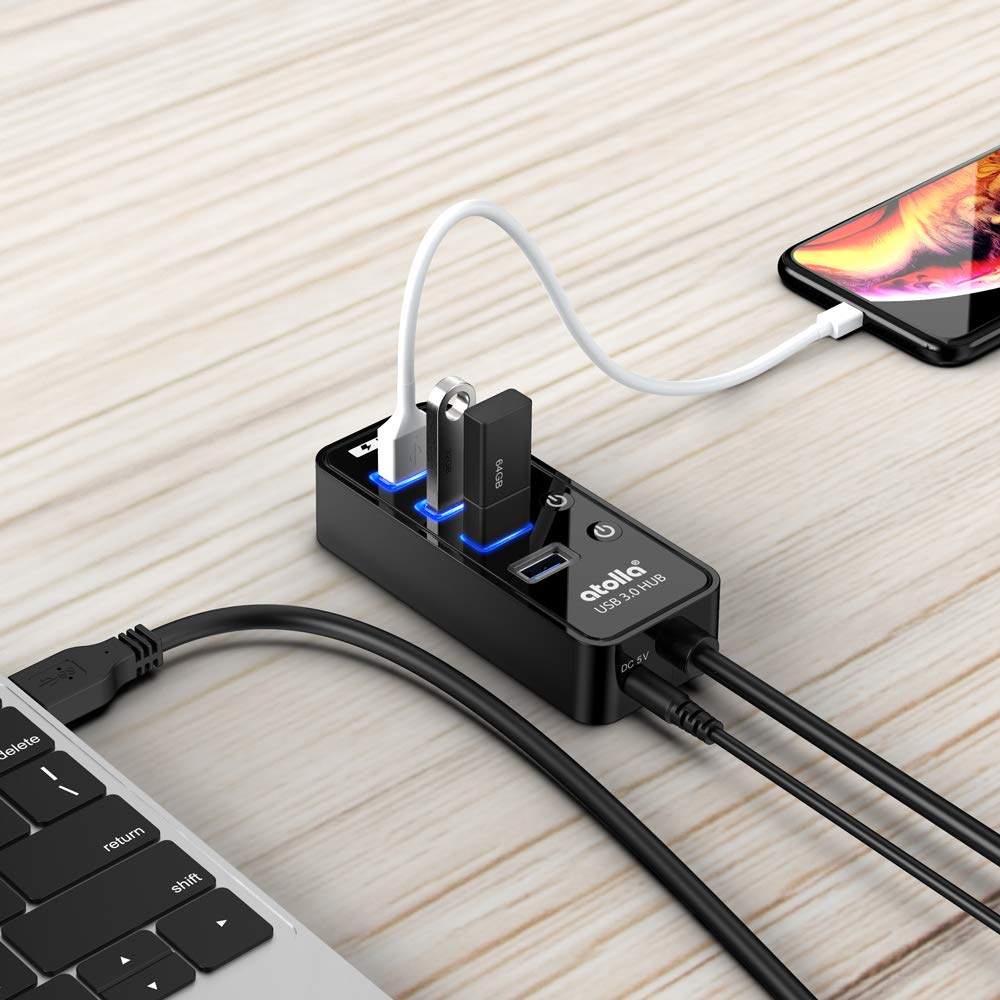 Atolla 4-Port USB 3.0 Hub with On/Off Switches & 1 Charging Port - High Speed Data Transfer (2ft Cable) for Laptop, PC, Mac - Perfect for Home Office, Gaming & Multi-Device Setup
