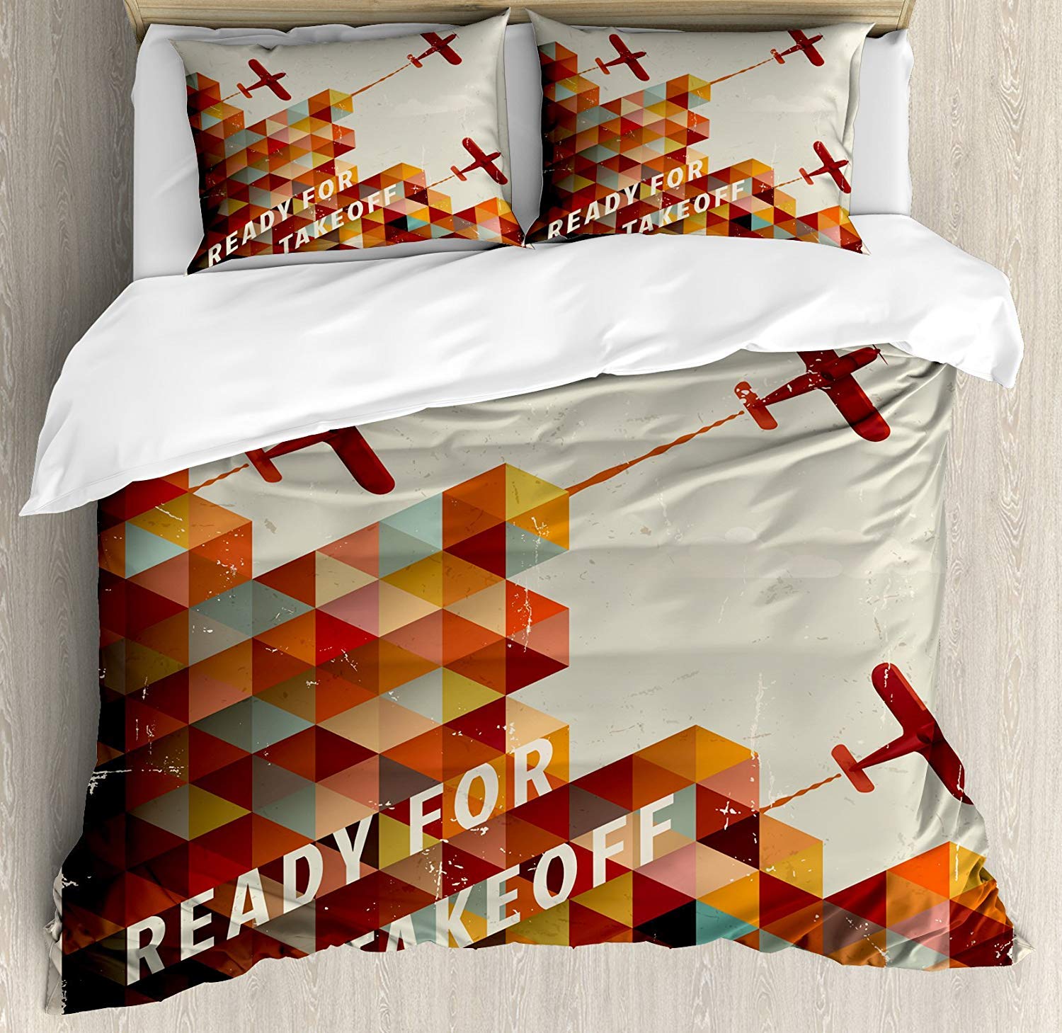 Vintage Airplane 4-Piece Bedding Set - Retro Geometric Triangle Cloud Plane Comforter with Duvet Cover, Sheets & Pillowcases for Kids, Teens & Adults - Queen Size Bedroom Decor for Aviation Enthusiasts