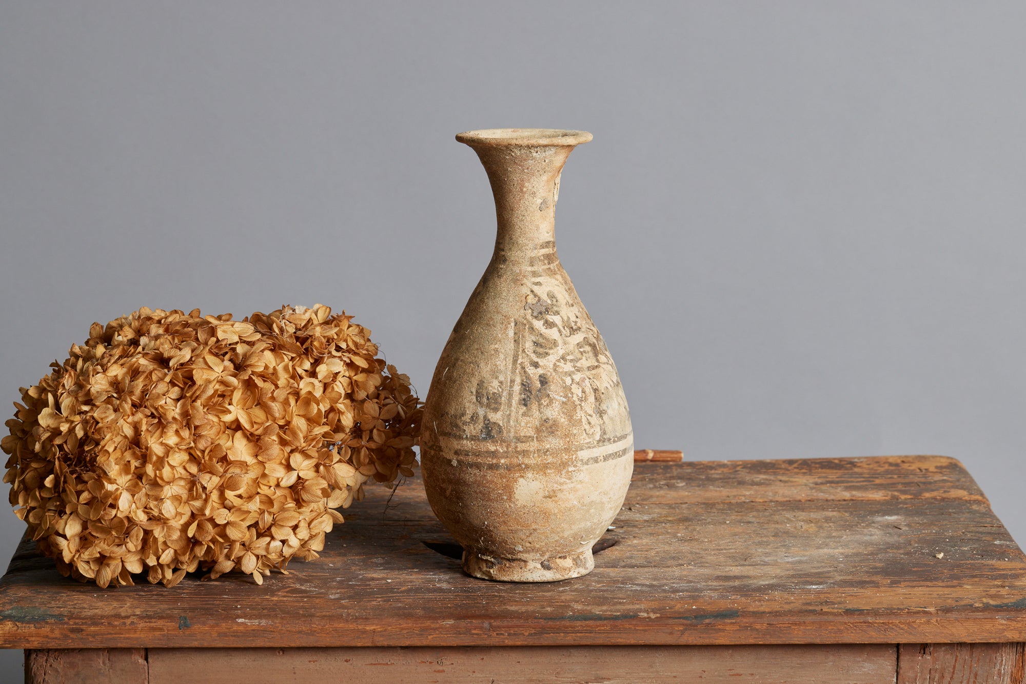 Antique Early Sawankhalok Ceramic Bottle with Faint Traces of Decoration - Vintage Thai Pottery for Home Decor & Collection | Perfect for Asian-Inspired Interiors, Display Cabinets, and Gift Giving