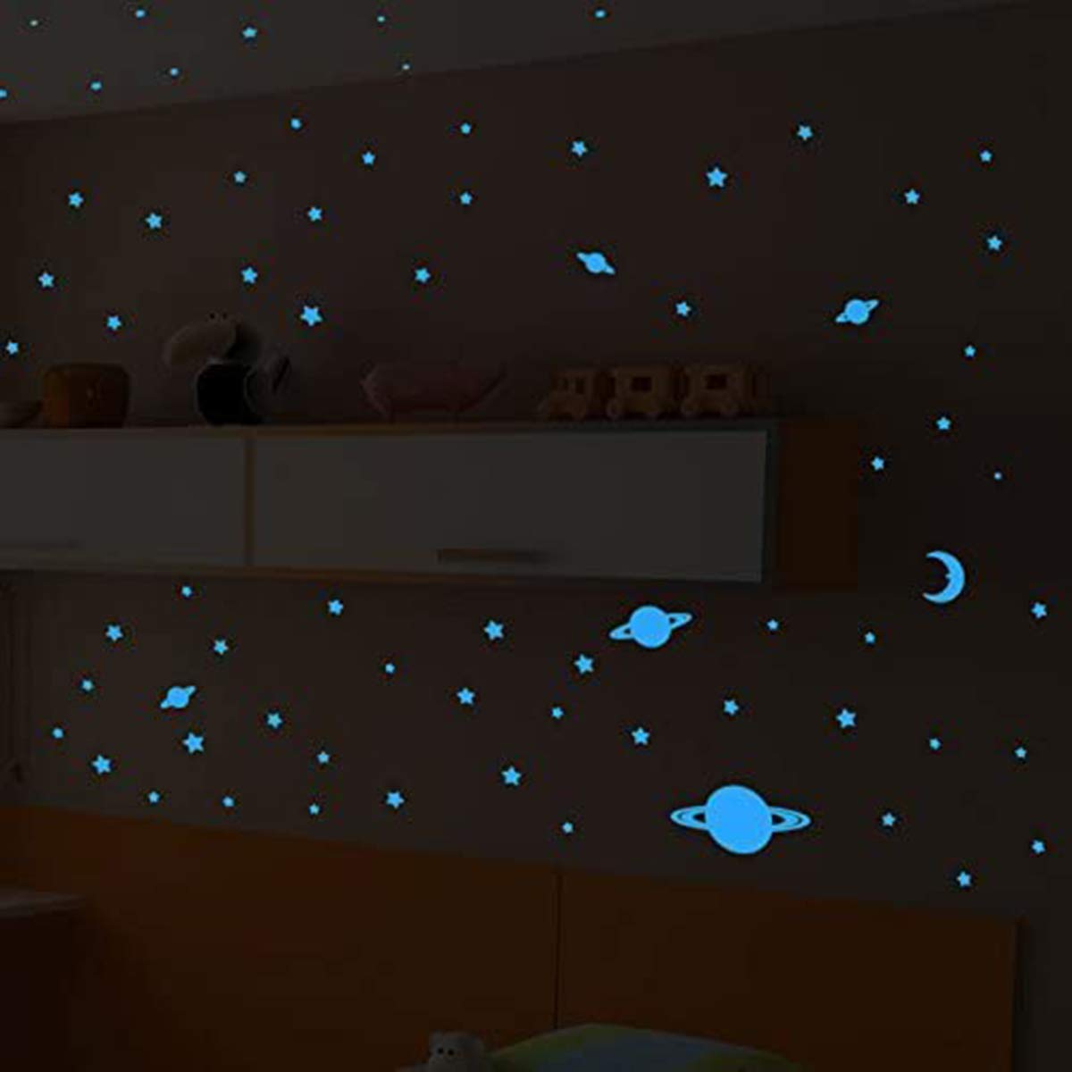 150 Blue Glow in The Dark Stars and Planets Stickers - Universe Themed Decals for Kids Room, Ceiling Decor & Night Light Effect - Perfect for Bedroom, Nursery & Space Theme Party Decorations