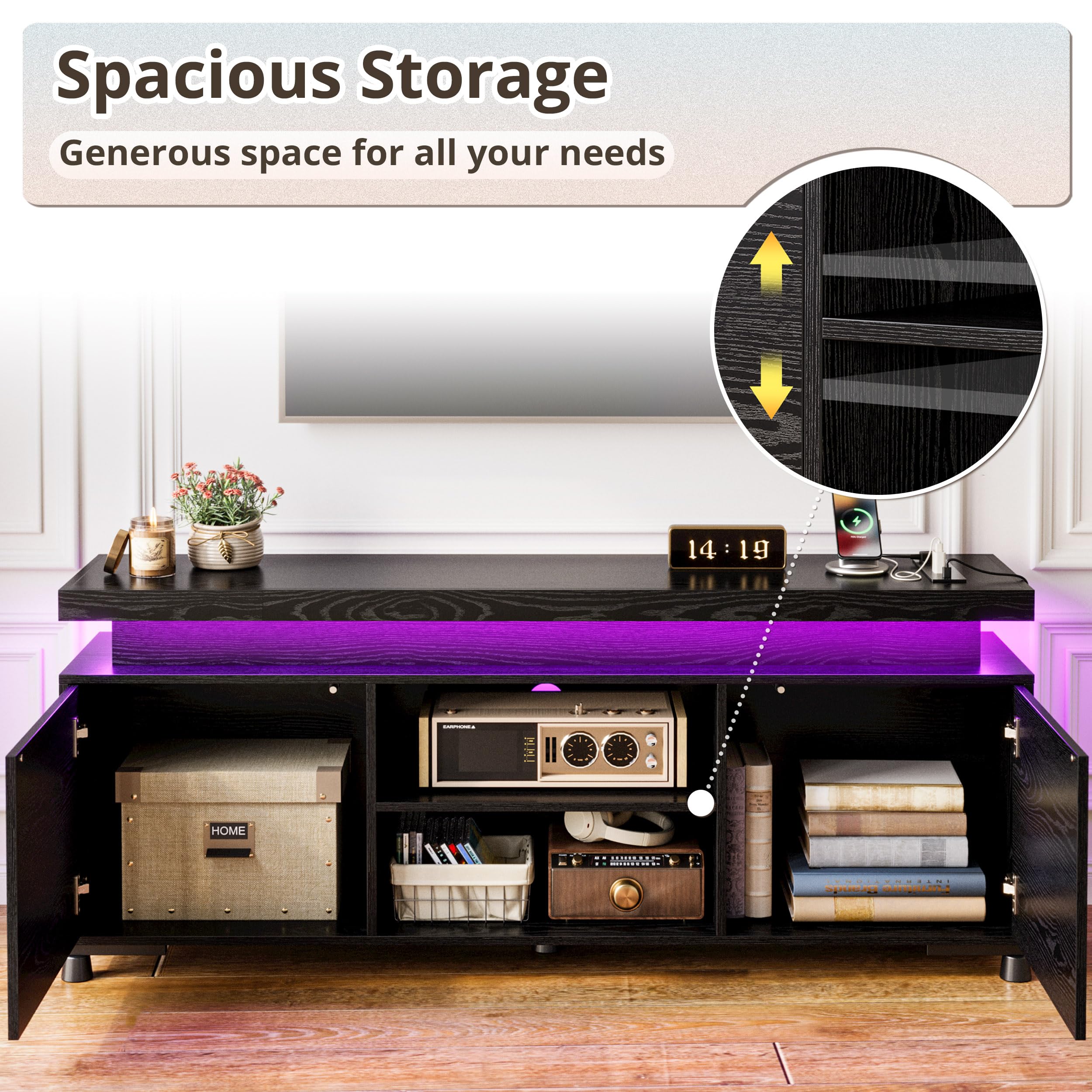IRONCK 65+ Inch TV Stand with LED Lights & Power Outlet - Modern Entertainment Center with Storage Cabinet for Living Room | Perfect for Home Theater & Media Organization