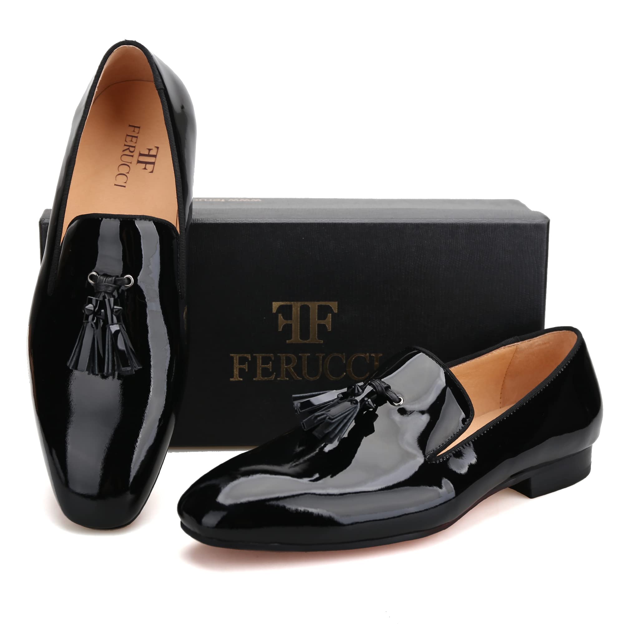 FERUCCI Men's Black Leather Loafers with Spikes & Tassels - Comfortable Dress Shoes for Wedding, Prom, Party & Formal Occasions