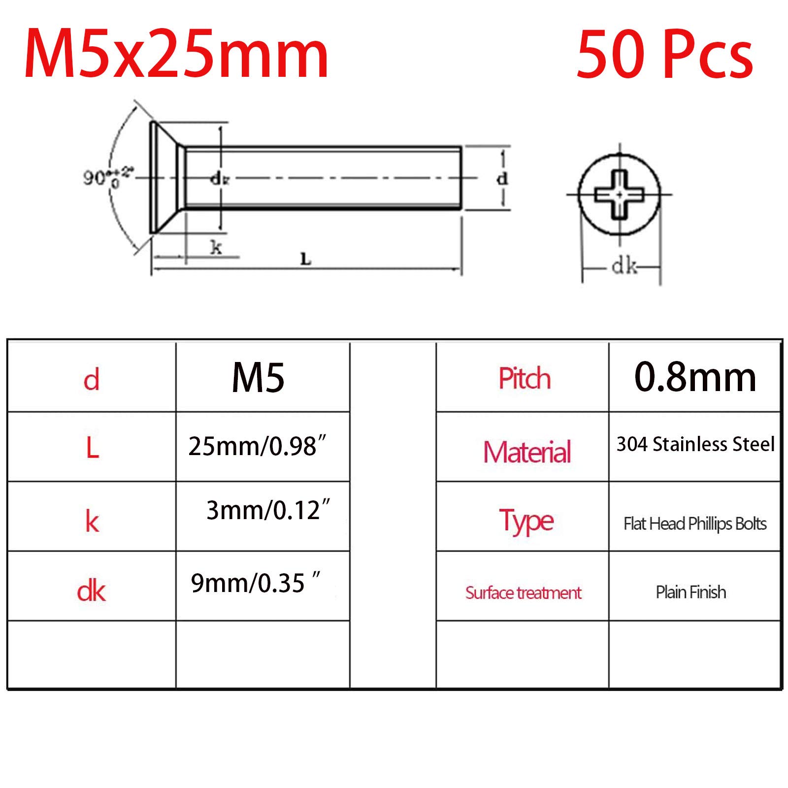 50 Pcs M5-0.8x25mm 304 Stainless Steel Flat Head Machine Screws - for Furniture & Electronics Assembly