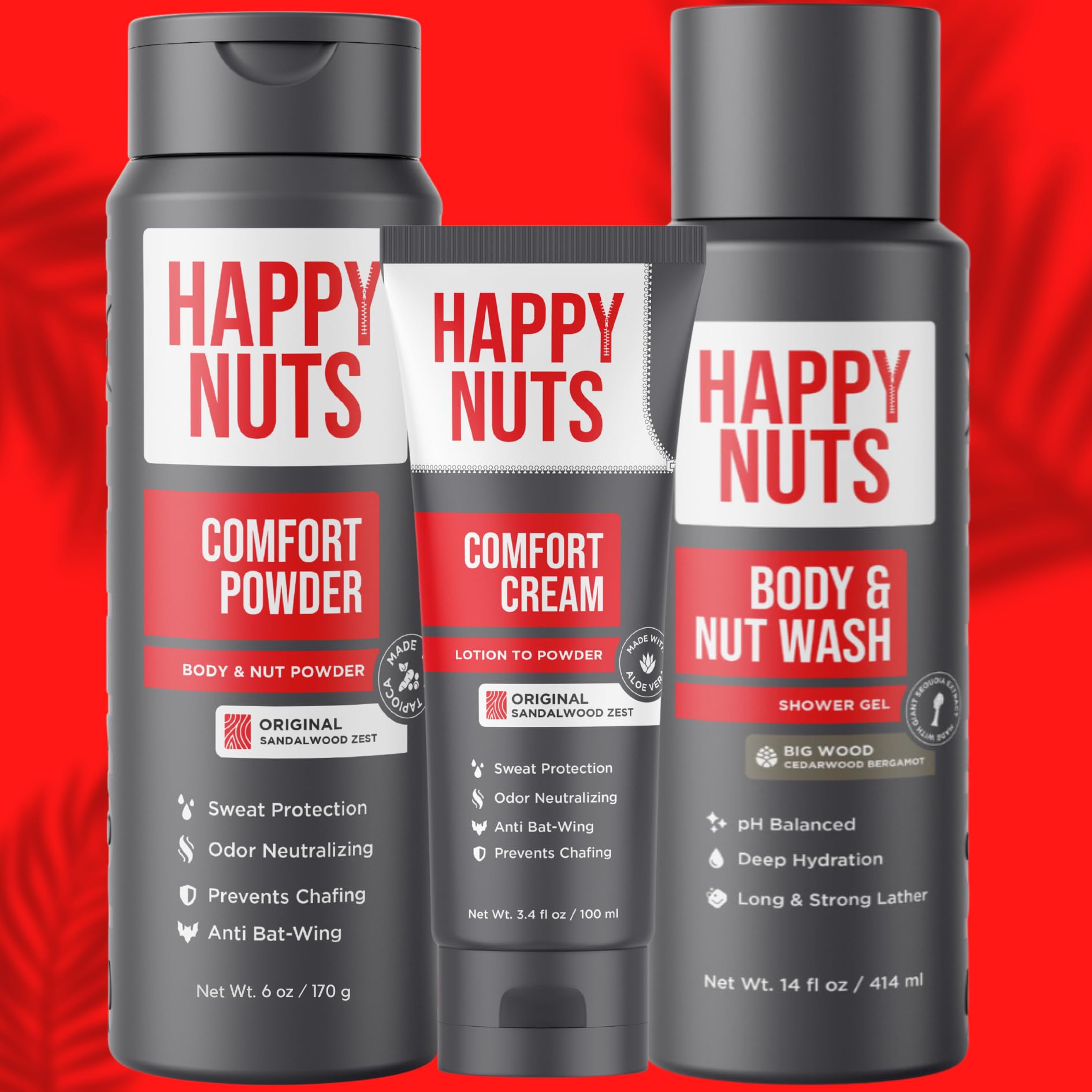 Happy Nuts Comfort Cream & Body Wash Bundle - Anti-Chafing Powder & Men's Shower Gel for Sweat Defense | Gym, Running & Daily Comfort Care