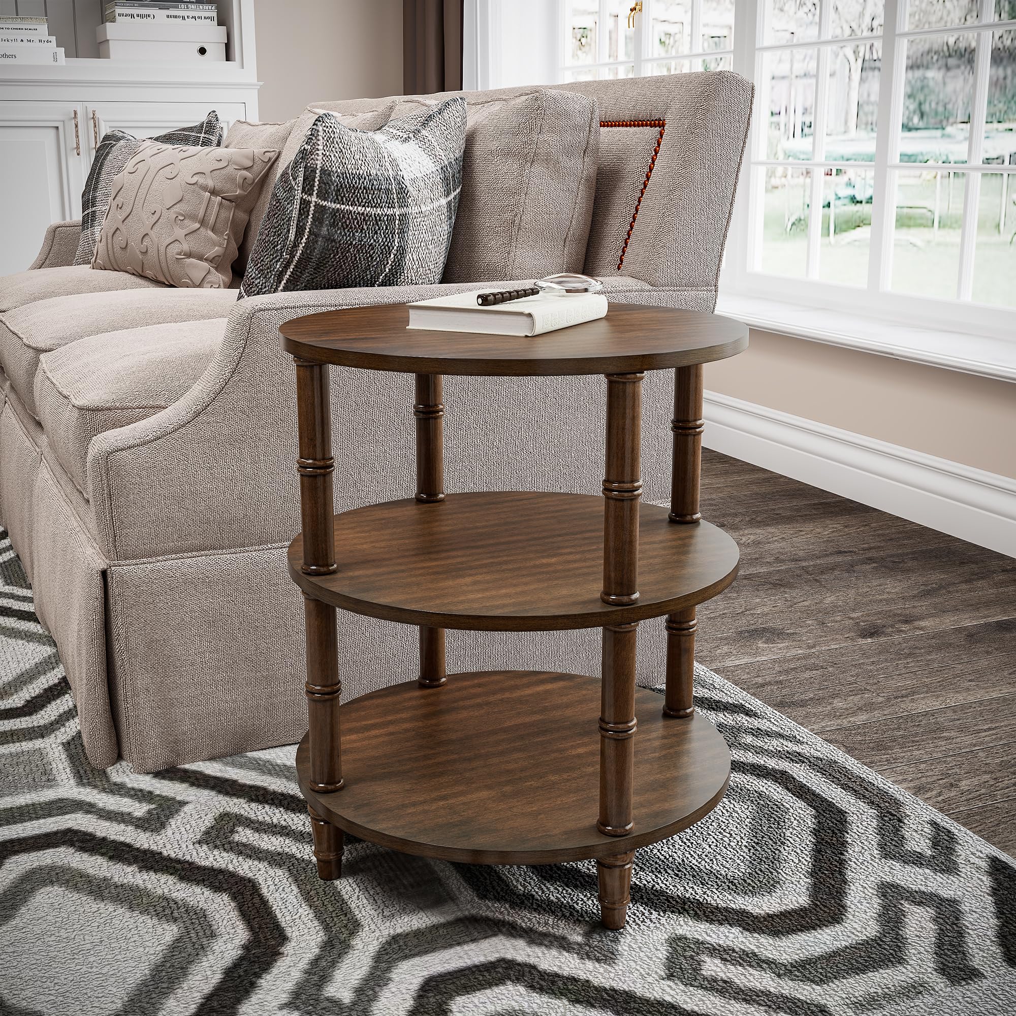 LEEMTORIG 3-Tier Round End Side Table with Storage Shelf - Solid Wood Nightstand, Mid-Century Modern Bedside Table for Bedroom, Living Room, Office - Easy Assembly Walnut Brown - Perfect for Small Spaces, Apartment Decor & Reading Nook Accessories