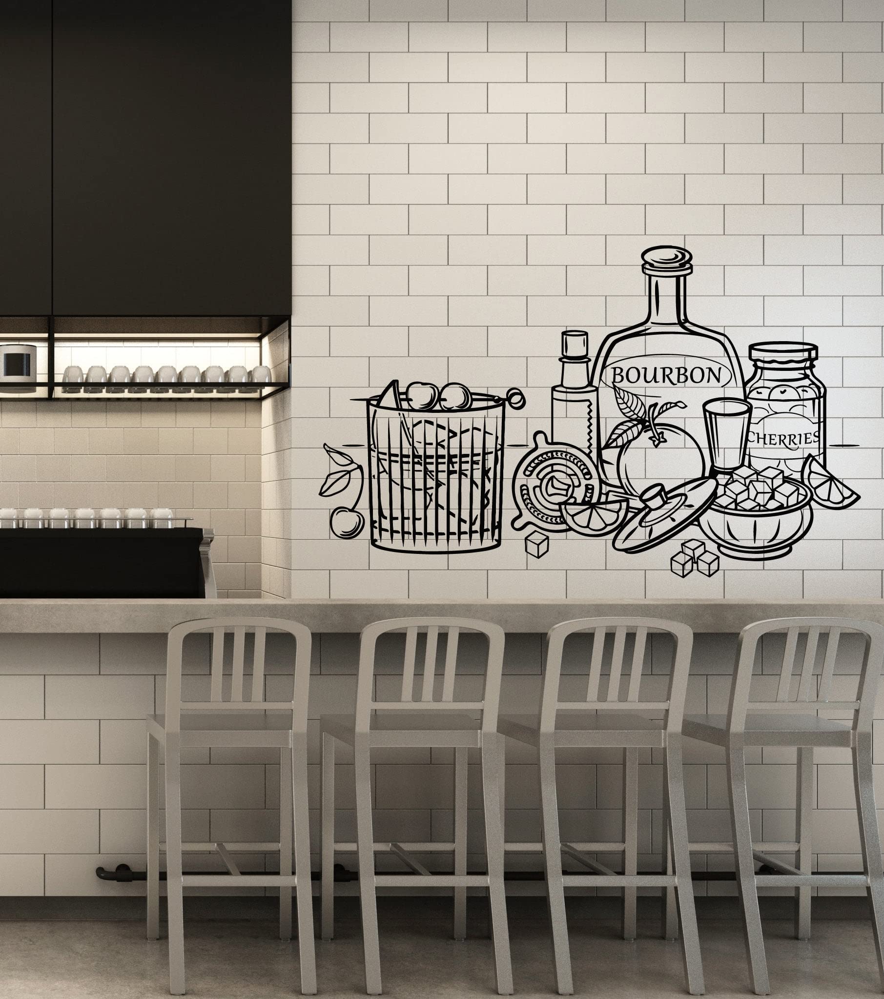 Large Bourbon Cherries Vinyl Wall Decal - Kitchen & Cafe Decor Fruit Sticker Mural (G6100) Black - Perfect for Home, Restaurant, Bar, and Office Wall Art