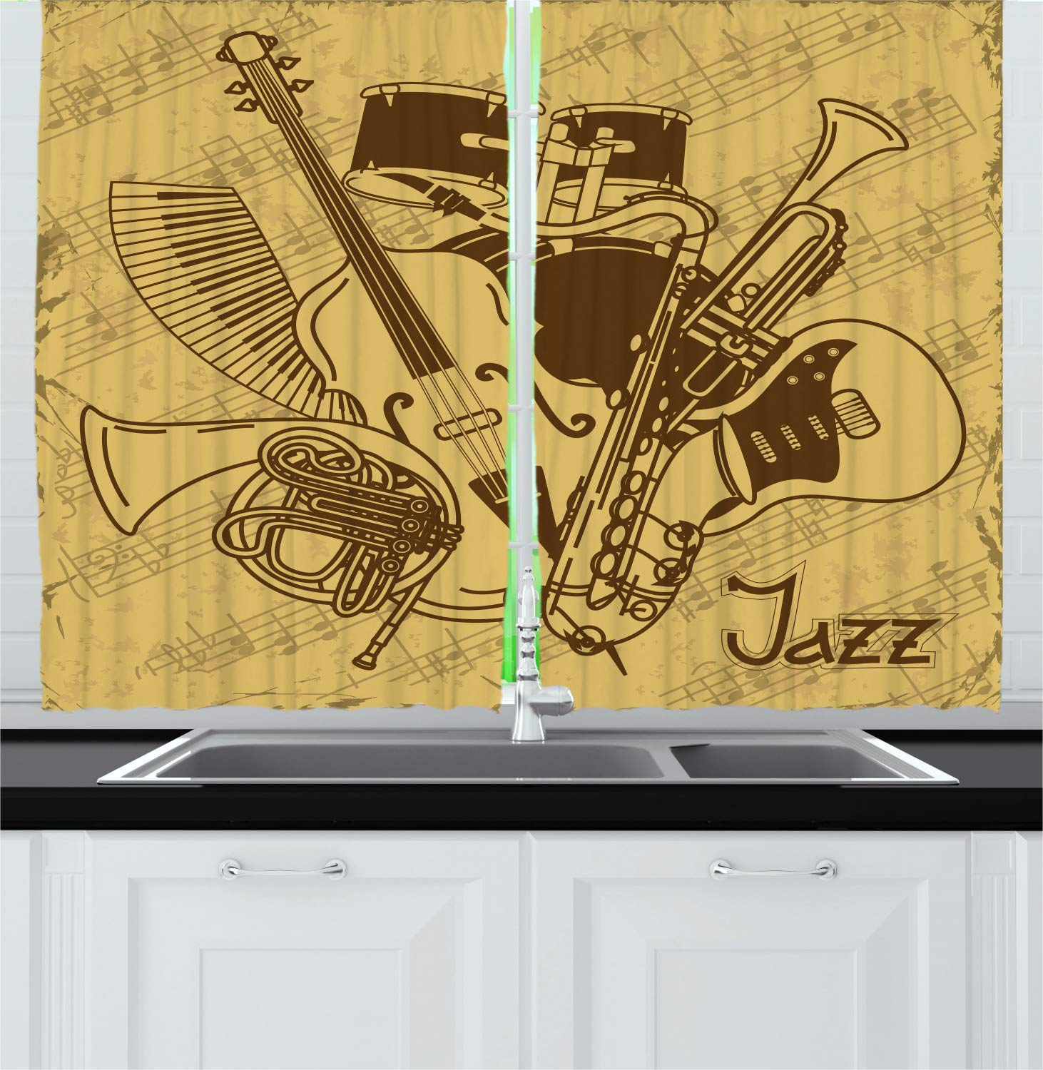 Ambesonne Vintage Jazz Music Kitchen Curtains - Retro Style Music Equipment Print, Rod Pocket Drapes for Living Room & Dining Room Decor, 55