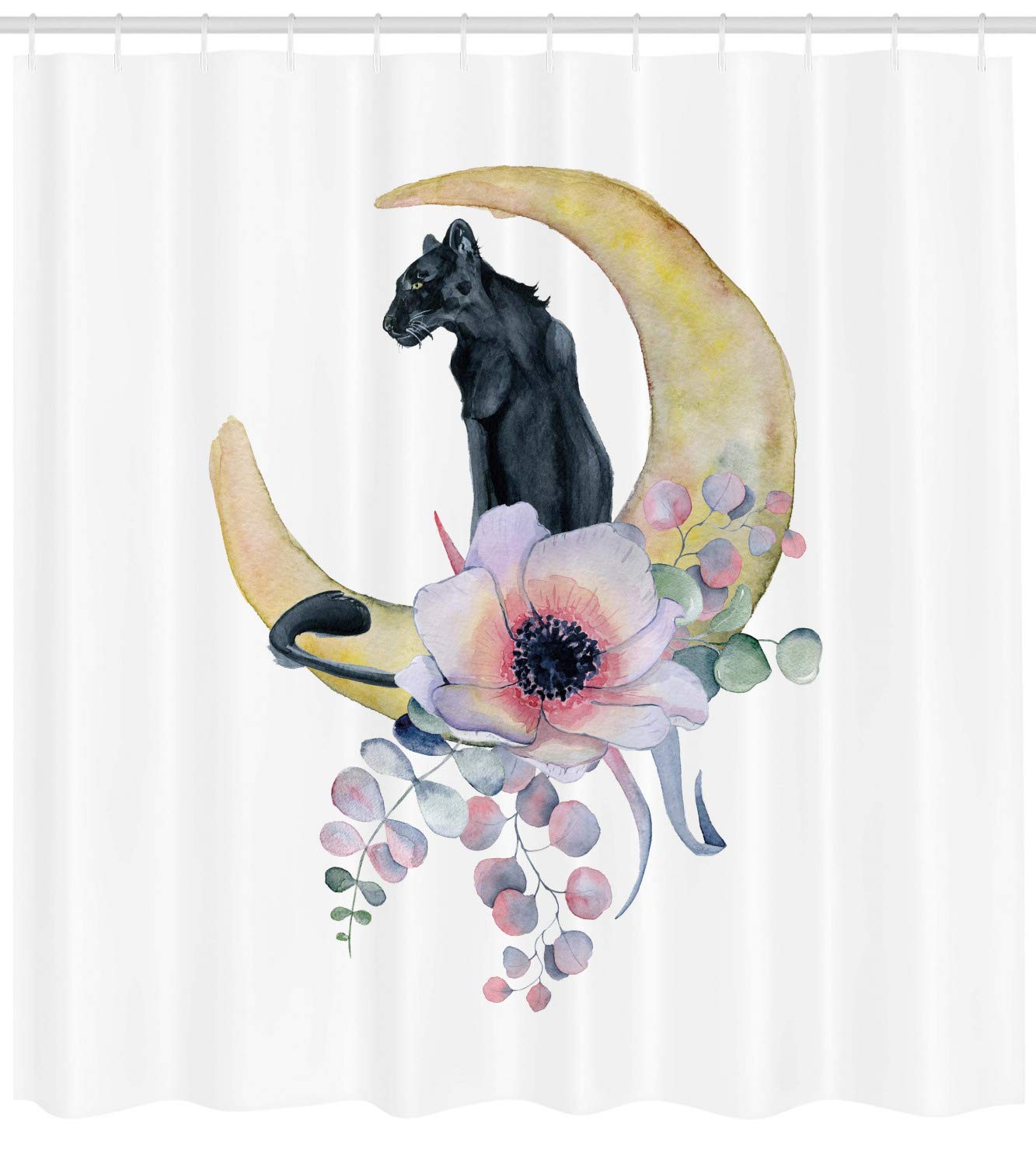 Ambesonne Panther Shower Curtain - Black Panther Silhouette on Moon with Floral Anemones Design, 69x70 Inch Waterproof Fabric Bathroom Decor with Hooks - Wild Jungle Theme for Modern & Bohemian Bathrooms