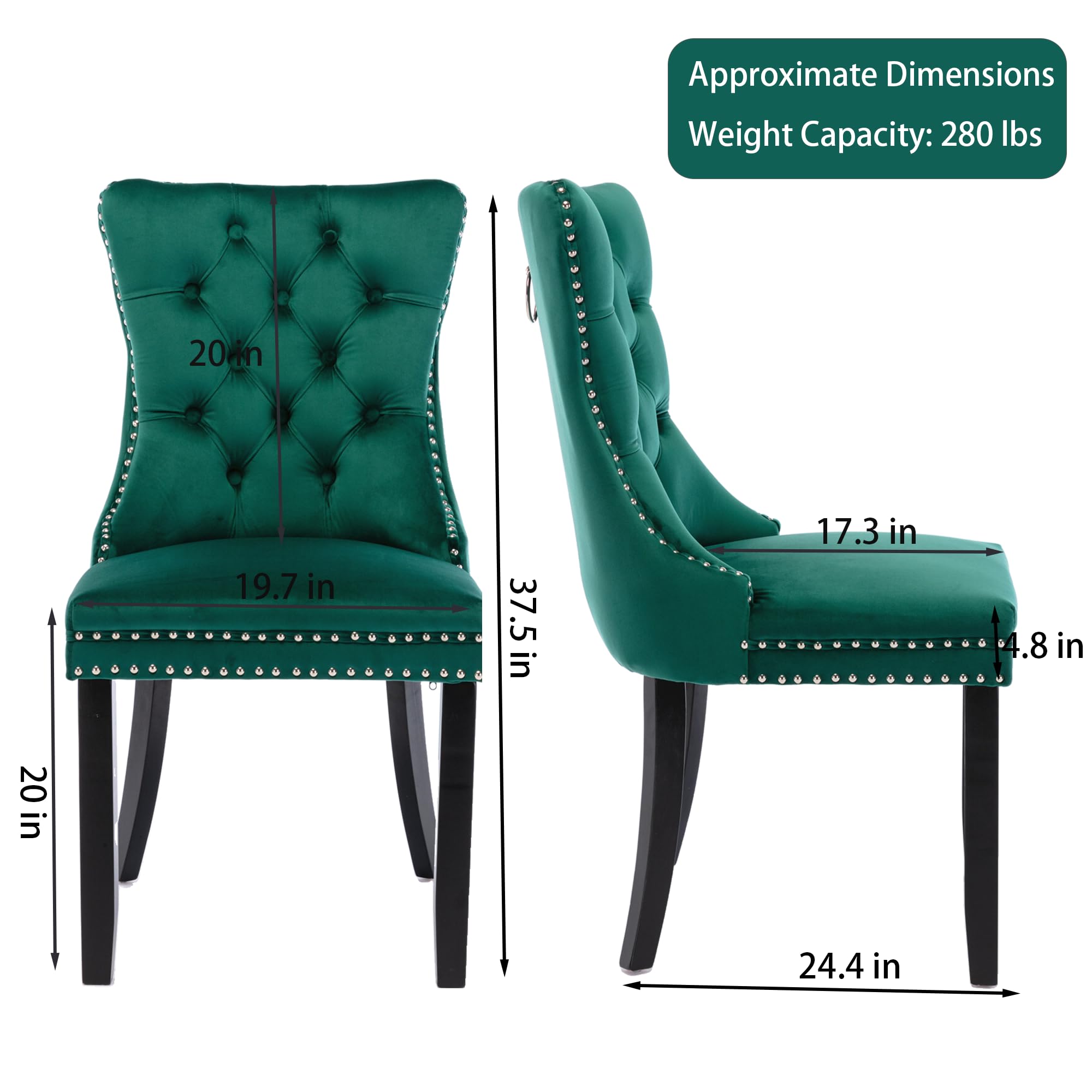 Rhomtree Set of 2 Velvet Dining Chairs - Luxury Tufted Back with Nailhead Trim, Solid Rubber Wood Legs - Emerald Green Accent Chairs for Kitchen, Dining Room & Home Decor