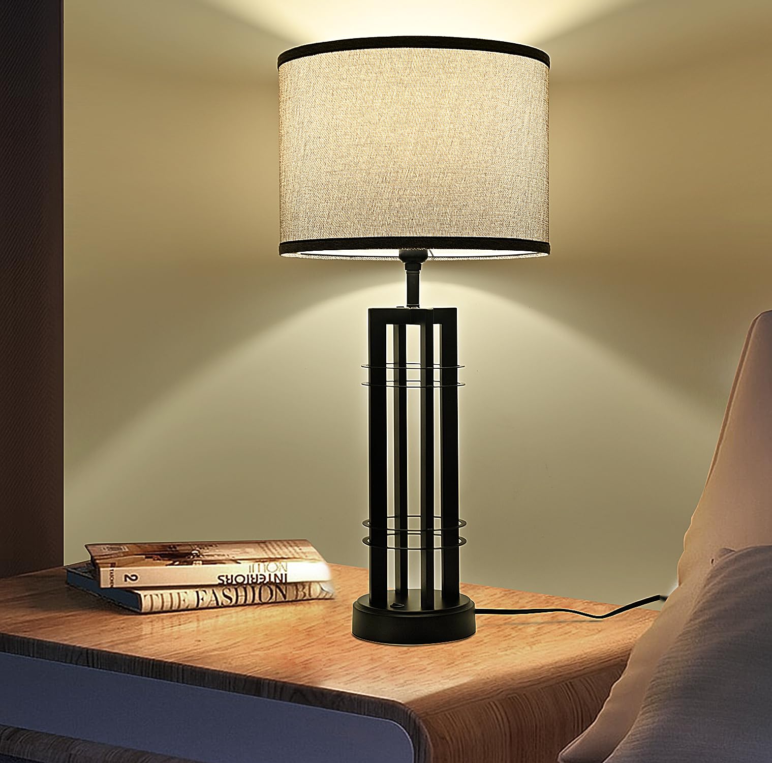 27in Tall Farmhouse Rustic Table Lamps Set of 2 - Button Control Side Table Lamps in Black & Grey for Living Room, Bedroom, Nightstand & End Table - Perfect for Cozy Home Decor & Ambient Lighting (2025 New)