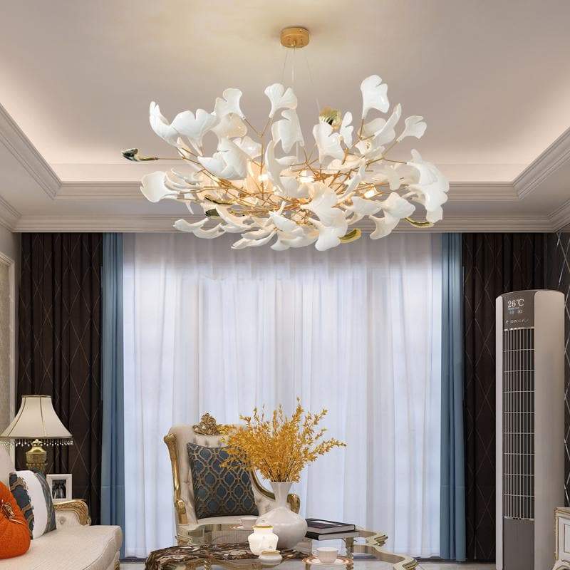 Elegant Ceramic Ginkgo Leaf Petal Branch Chandelier - Round Ceiling Light for Dining Room, Bedroom & Living Room Decor