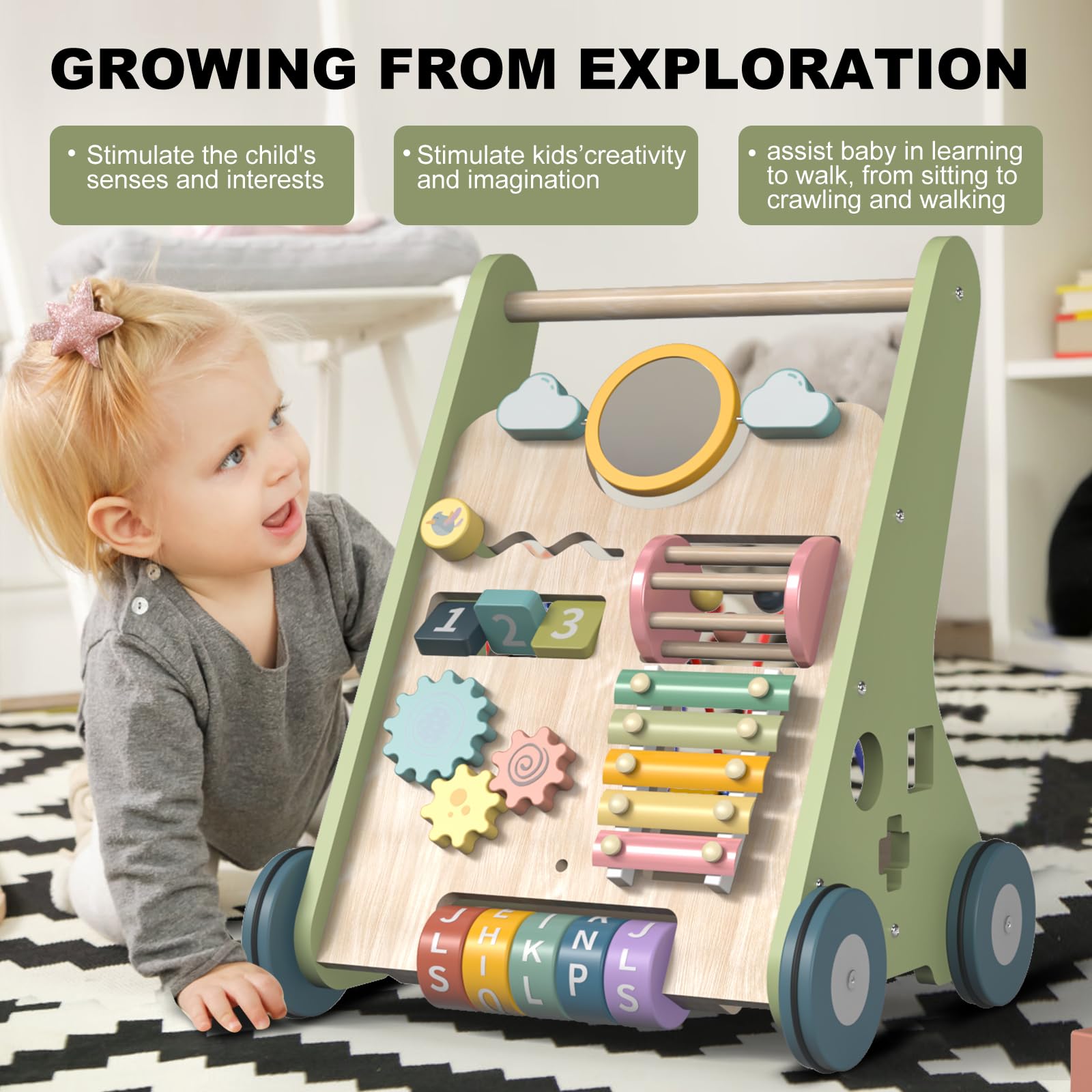 Montessori Wooden Baby Walker with Wheels - Push Walker Toy for Babies 6-12 Months Learning to Walk - Natural Wood Toddler Activity Walker for Boys & Girls - Perfect First Birthday & Christmas Gift for 1 Year Olds - Ideal for Home Playrooms, Daycare Centers & Montessori Classrooms