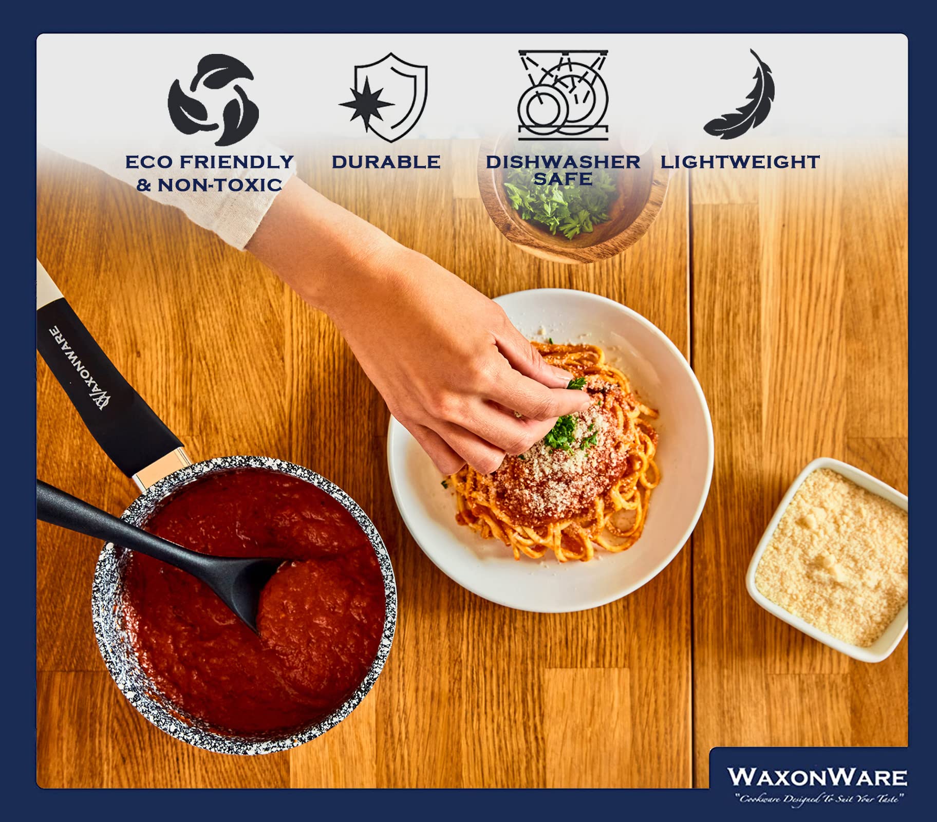 Waxonware 7-Piece Nonstick Cookware Set - Granite Pots and Pans Set, PFOA & PTFE Free, Dishwasher Safe - Stonetec Series for Everyday Cooking, Baking & Frying