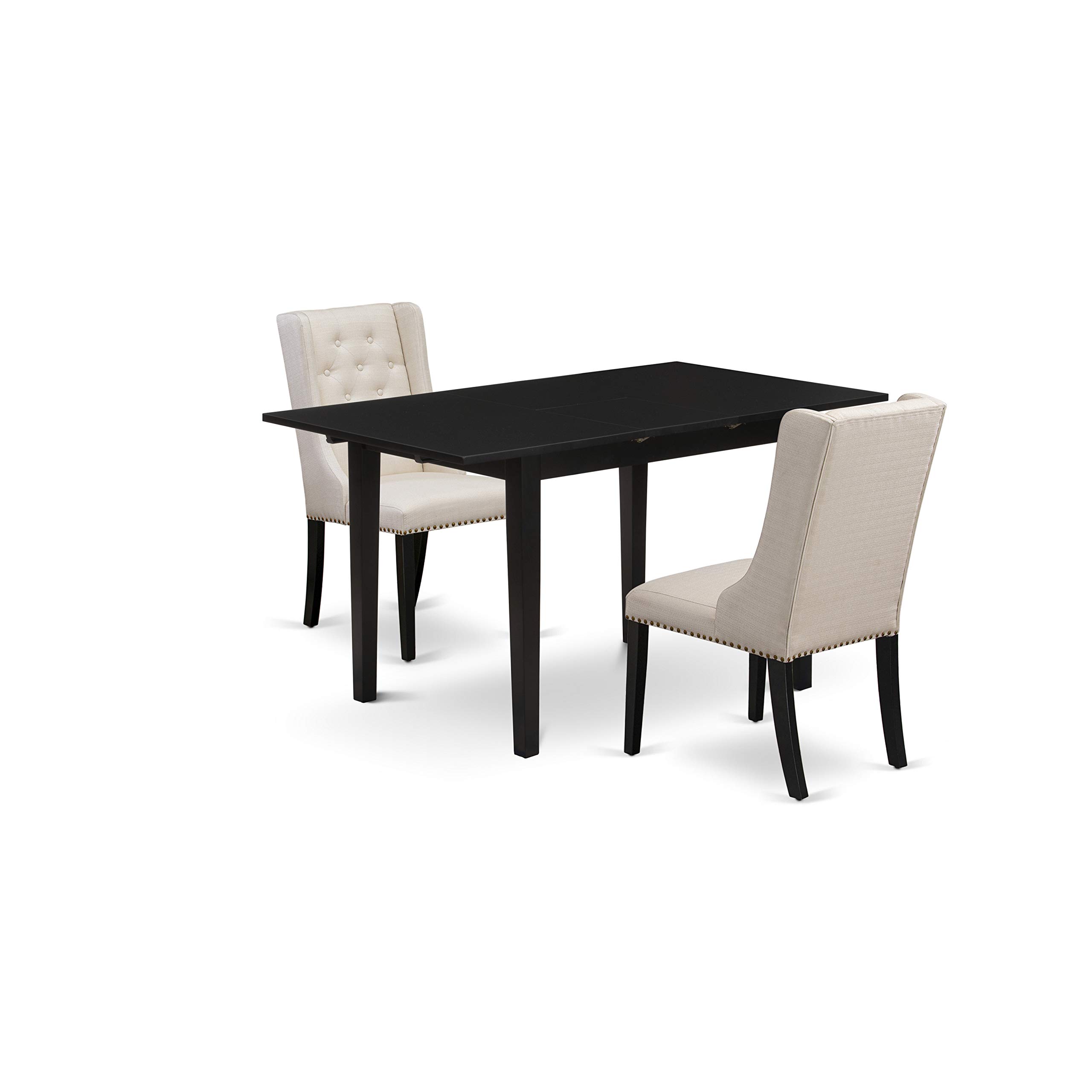 East West Furniture 3 Piece Dining Room Table Set - Rectangle Kitchen Table with Butterfly Leaf & 2 Cream Linen Fabric Parson Chairs, 32x54 Inch, Black - Perfect for Small Spaces, Breakfast Nooks & Cozy Family Meals