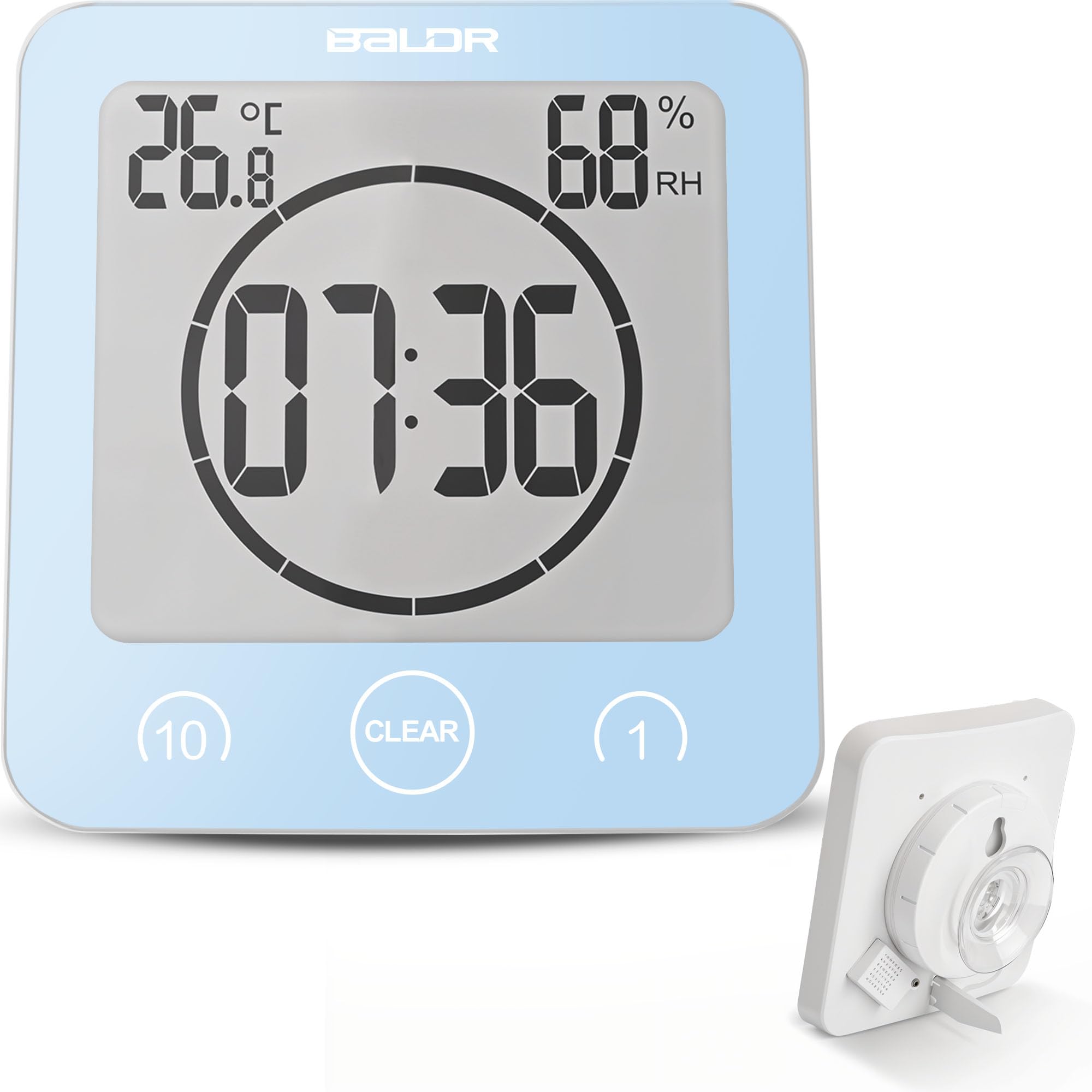 BALDR Digital Shower Clock with Timer - Waterproof Bathroom Clock with Temperature & Humidity Display - Battery Powered Alarm Clock for Shower, Gym, Kitchen & Home Use