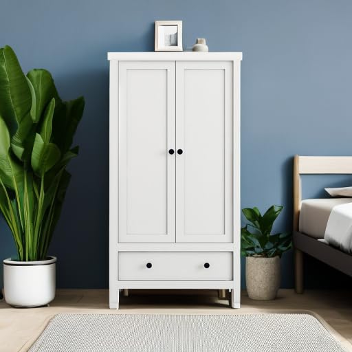 Panana 2 Door Wardrobe Closet with Drawer - White Wooden Armoire for Bedroom Storage | Perfect for Organizing Clothes, Shoes & Accessories in Master Bedroom, Guest Room or Dorm