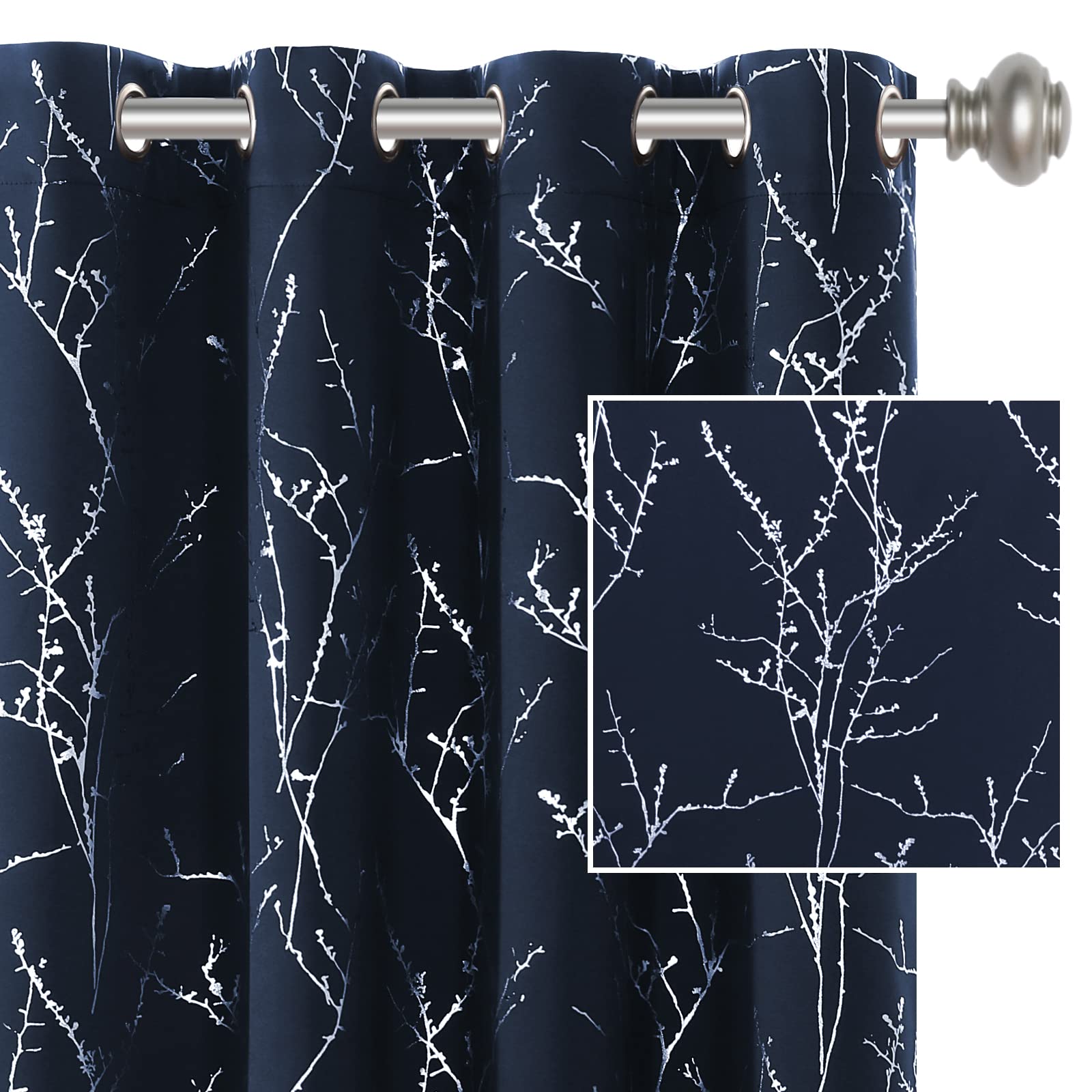 Blackout Curtains for Bedroom & Living Room - Thermal Insulated Light Blocking Window Drapes with Grommet Top - Foil Print Twig Tree Branch Design - 52 x 63 Inch, 2 Panels Navy - Perfect for Home Theater, Nursery & Shift Workers
