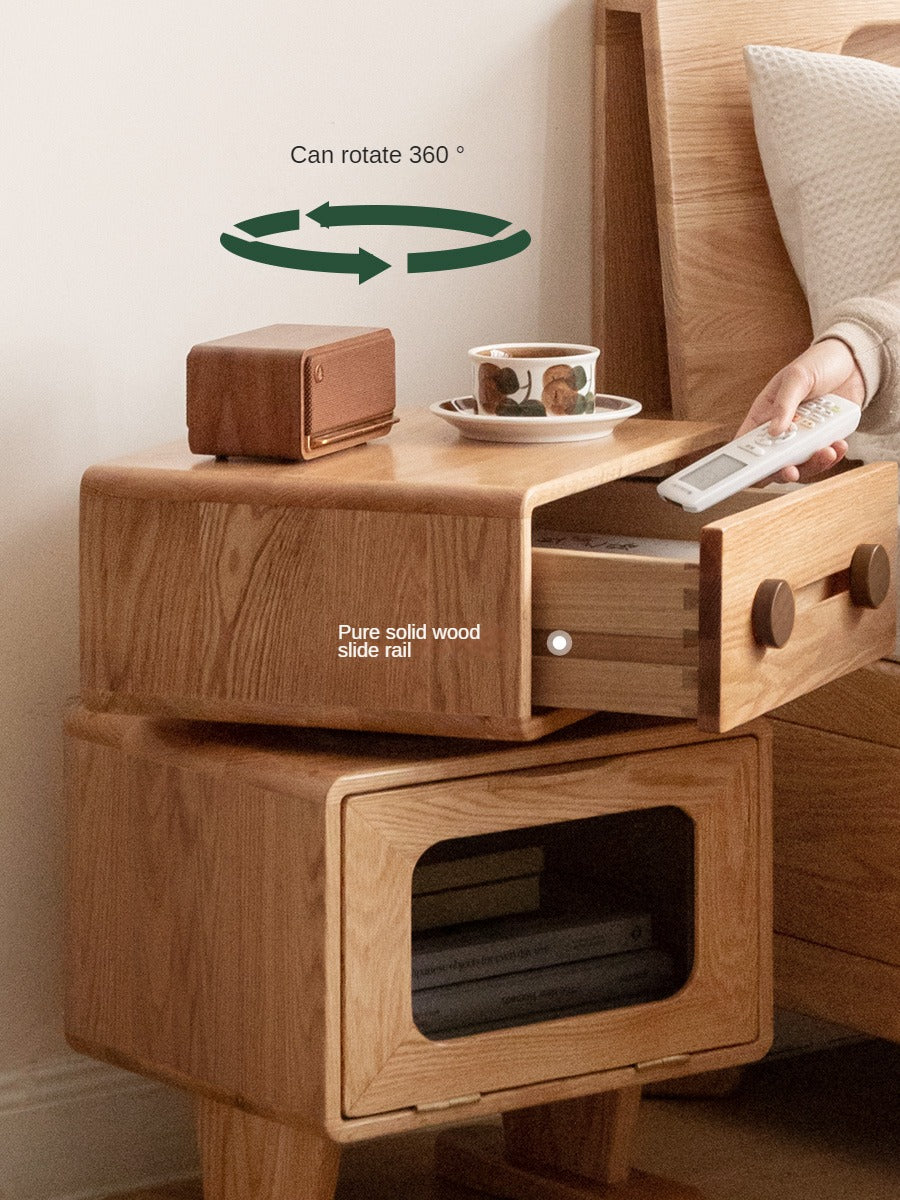 360° Rotating Oak Solid Wood Nightstand - Modern Bedside Table for Bedroom, Living Room & Office