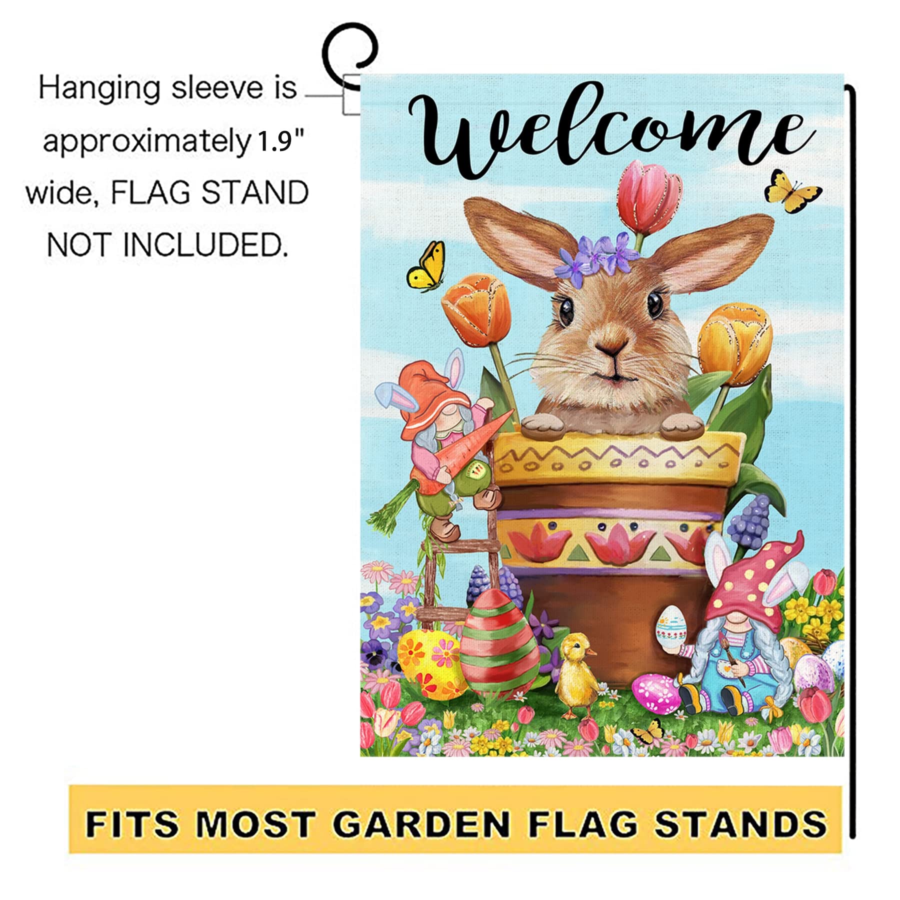Double Sided Easter Garden Flag 12x18 - Bunny, Eggs, Chicken & Gnomes with Tulip Flowers Burlap Yard Decor | Spring Welcome Vertical Lawn Sign for Home, Pool & Outdoor Decorations | Perfect for Easter Celebrations, Front Yard Displays & Seasonal Home Decor