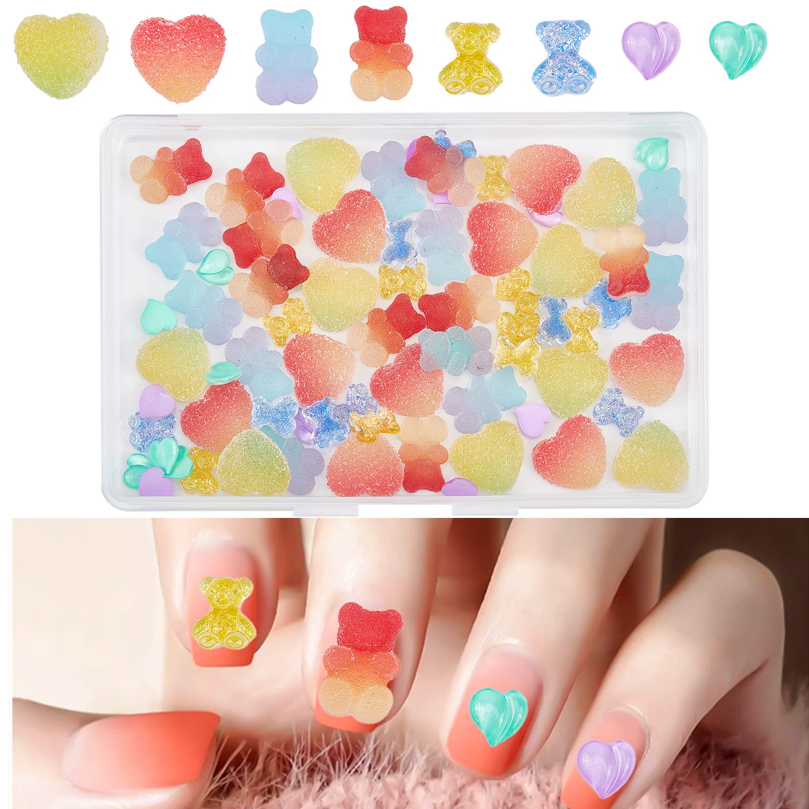 NICENEEDED 120Pcs 3D Resin Nail Art Charms - Cute Bear & Heart Candy Flat Back Designs for DIY Nails | Acrylic Nail Studs for Women | Salon Nail Art Accessories | Perfect for Manicures, Pedicures & Nail Art Decorations