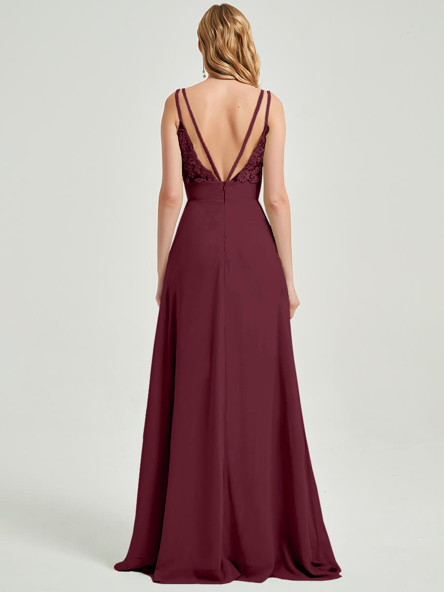 Elegant Burgundy Spaghetti Straps V-Neck Chiffon Bridesmaid Dress with Lace Details & Thigh Slit - Perfect for Weddings, Formal Events & Evening Parties