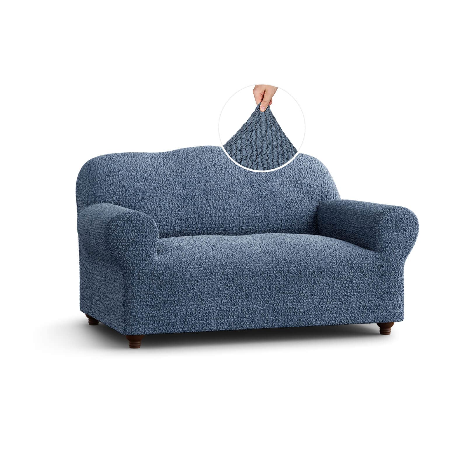 Stretch Sofa & Loveseat Slipcover - Soft Polyester Washable Couch Cover - 1-Piece Form Fit Protector for Living Room Furniture - Mille Righe Collection in Blue - Perfect for Home Decor & Pet Protection