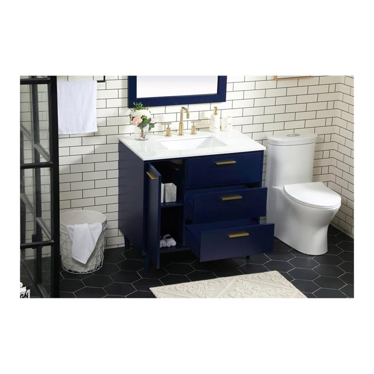 VF47036MBL 36 x 22 Inch White Floor Mount Vanity Top with Faucet Hole & Blue 3-Drawer Vanity Base - Perfect for Bathroom Remodeling and Small Space Solutions