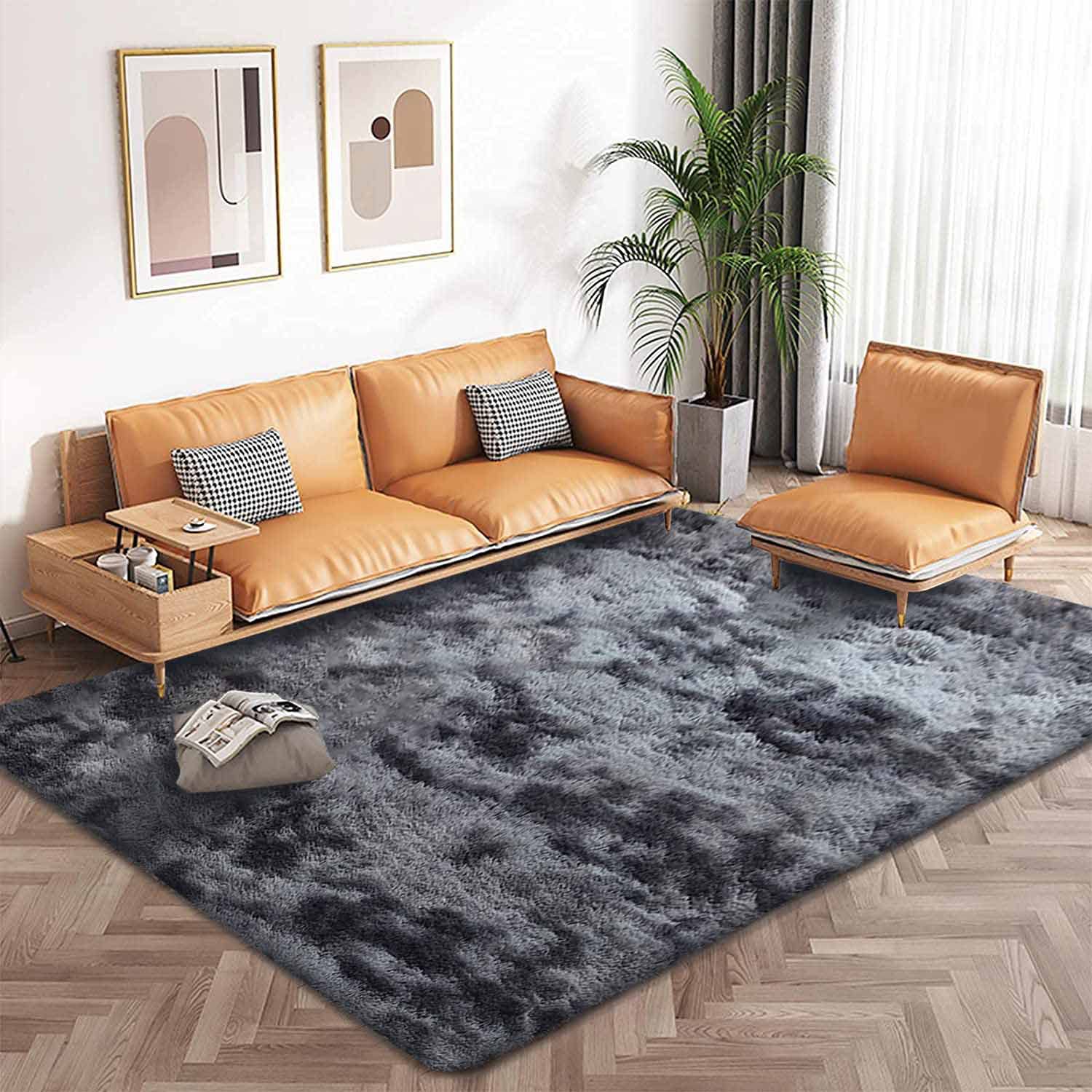Kinganda Soft Shag Area Rugs - Non-Slip Fluffy Large Rug for Bedroom, Living Room, Nursery & Kids Room - Washable Shaggy Carpet (Black Grey, 6.5'×9.8'/200×300cm) - Perfect for Cozy Home Decor & Play Areas
