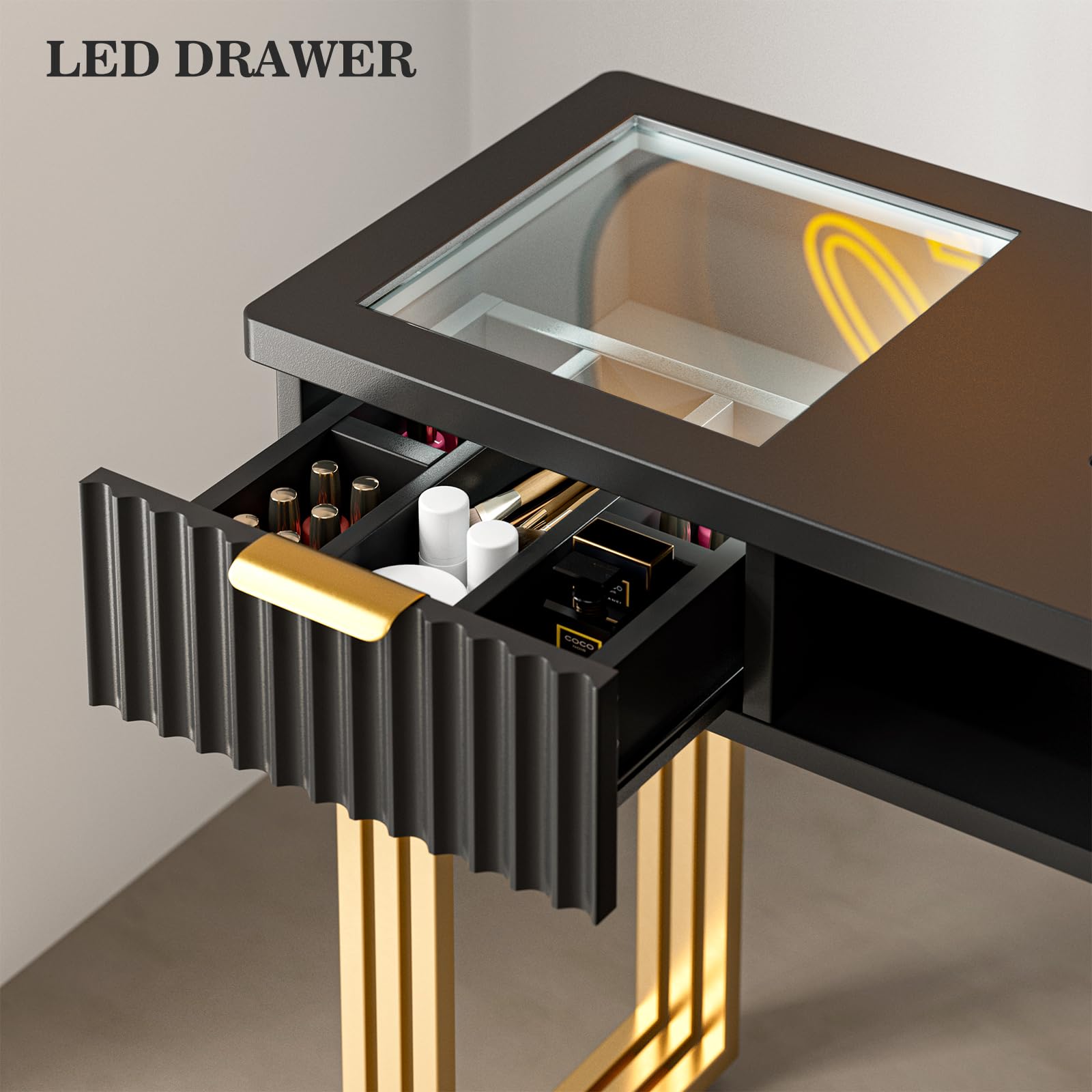 Professional Nail Tech Manicure Table with Dust Collector, 4 Drawers & LED Lights - Acetone Resistant Salon Workstation with Wrist Cushion, Golden Leg (Black) - Perfect for Nail Salons, Home Studios & Mobile Nail Technicians