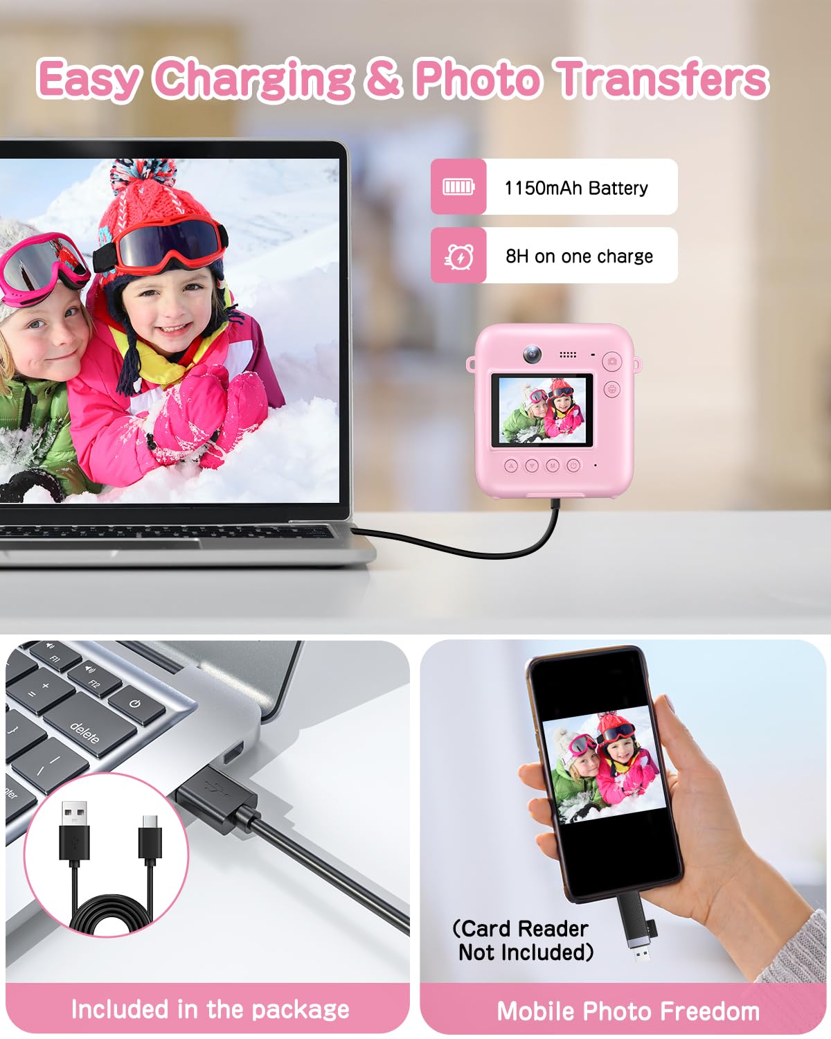48MP Kids Instant Print Camera with 1080P Video - Selfie Digital Camera for Boys & Girls Ages 4-9 | Includes 32GB Card, Print Paper | Perfect Christmas & Birthday Gift (Pink) | Great for Travel, Parties & Creative Play
