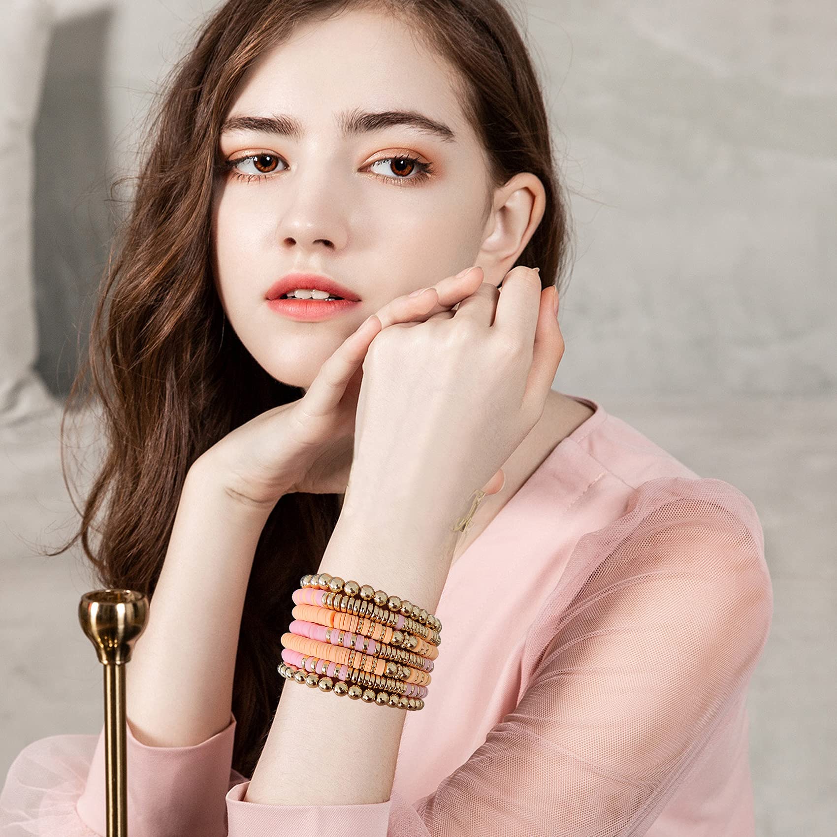 GOOJIDS Surfer Heishi Clay Bead Bracelets for Women - Bohemian Stackable Gold Beaded Stretch Bracelets - Elastic Layering Friendship Bracelets Set - Boho Jewelry for Beach, Festival, Yoga & Everyday Wear