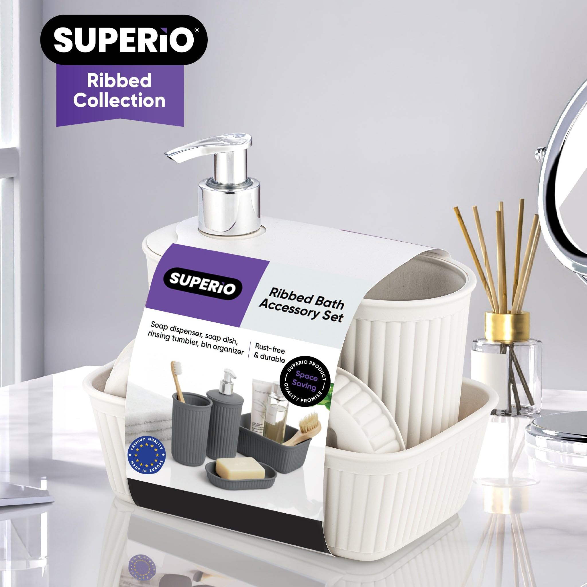Superio Ribbed Collection - 4-Piece White Smoke Plastic Bathroom Accessories Set with Soap Dish, Liquid Dispenser, Toothbrush Holder & Vanity Tray - Modern Bathroom Decor for Home, Apartment or Guest Bathroom Organization