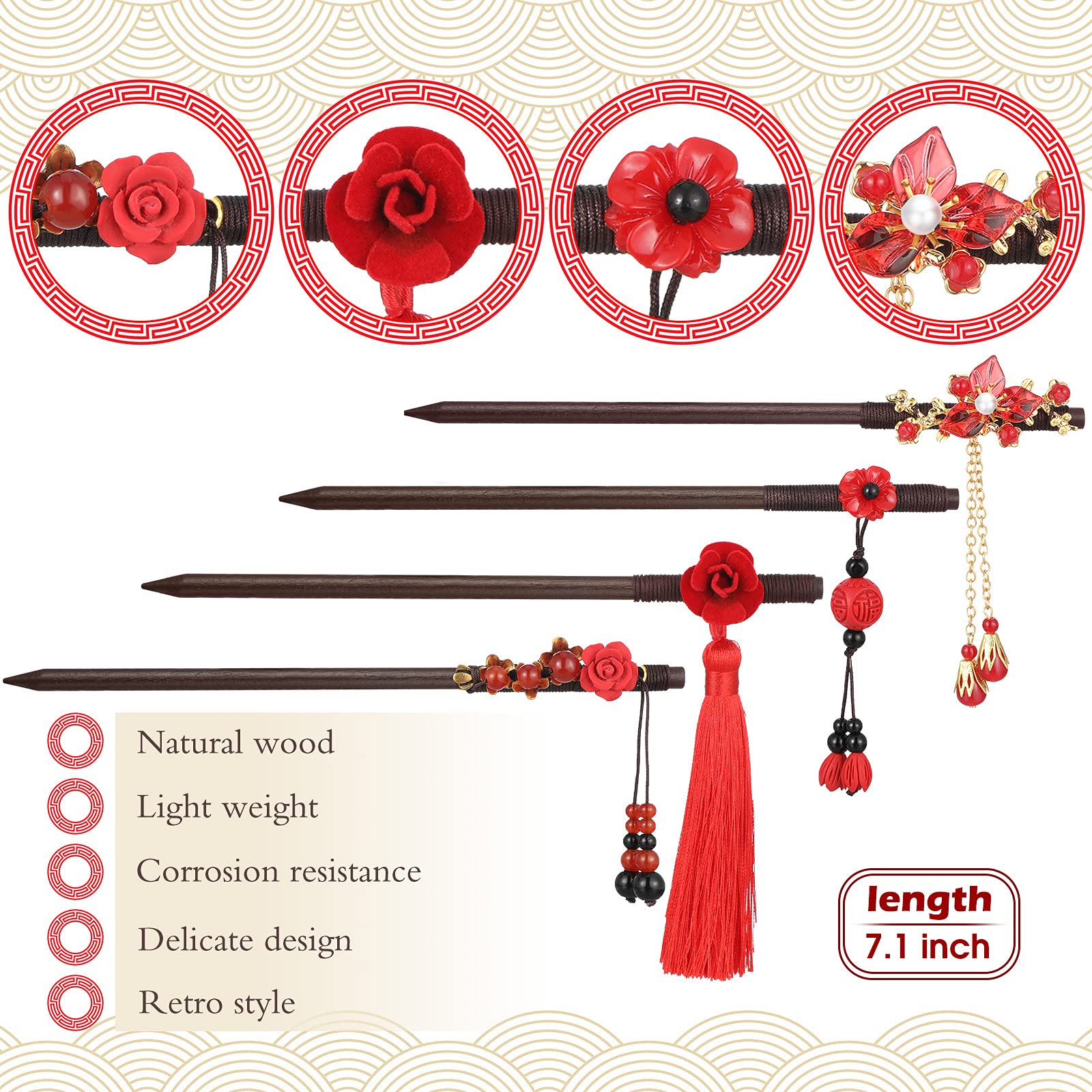 Waydress 4 Pcs Asian Hair Sticks for Women - Chinese Japanese Hair Chopsticks Clips, Retro Geisha Style Red Wooden Cherry Blossom Hairpins with Handmade Flower Tassel - Perfect for Geisha Costume, Traditional Hairstyles & Special Occasions