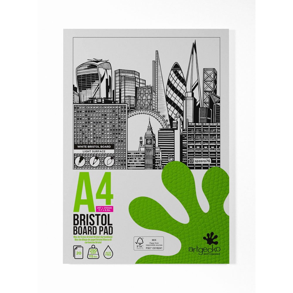 ArtGecko Pro Bristol Board Pad - A4 Size, 20 Sheets, 250gsm, White Smooth Surface - Perfect for Drawing, Sketching, Calligraphy & Professional Art Projects