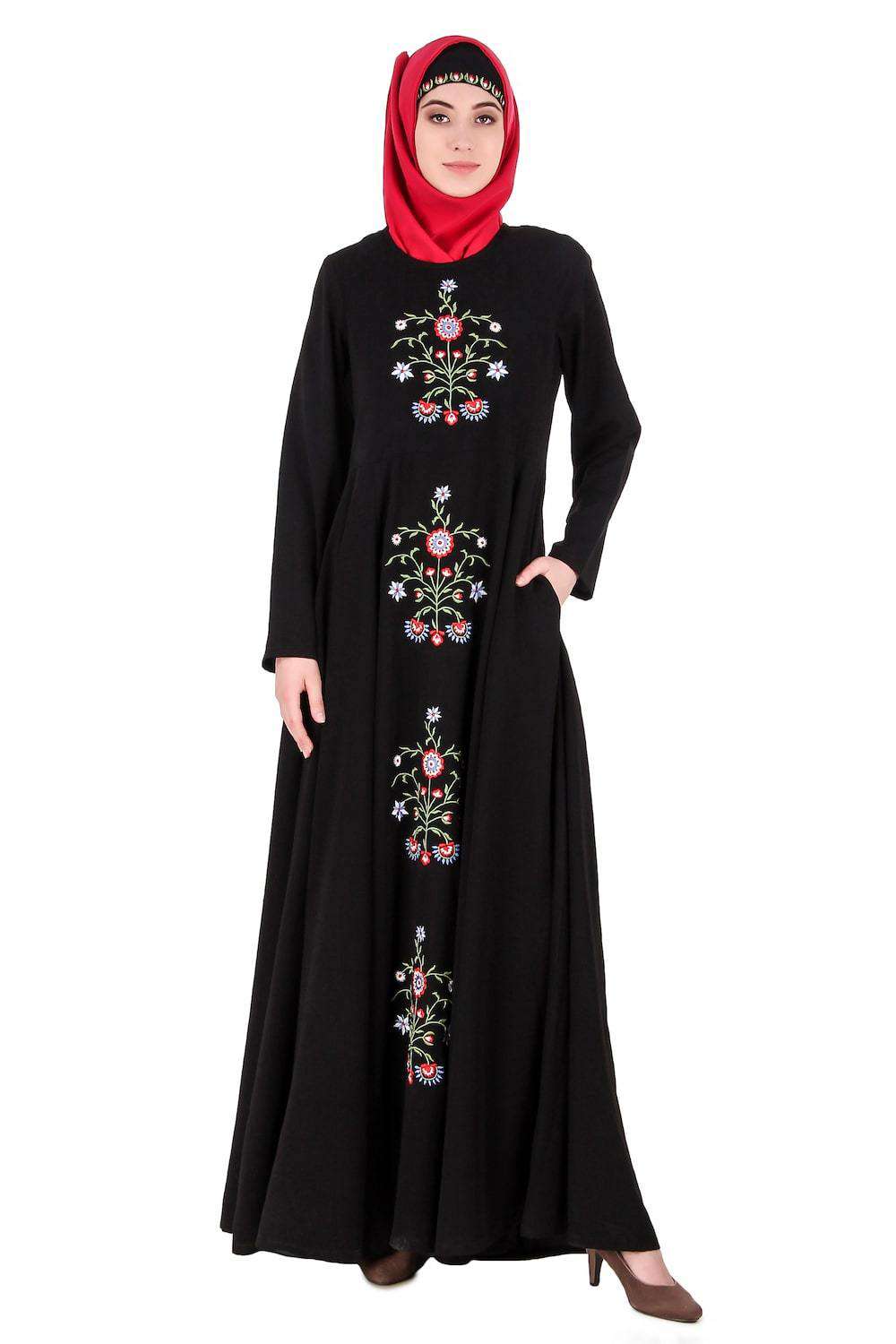 Elegant Black Floral Embroidered Nida Abaya Dress for Women - Perfect for Eid, Ramadan & Special Occasions