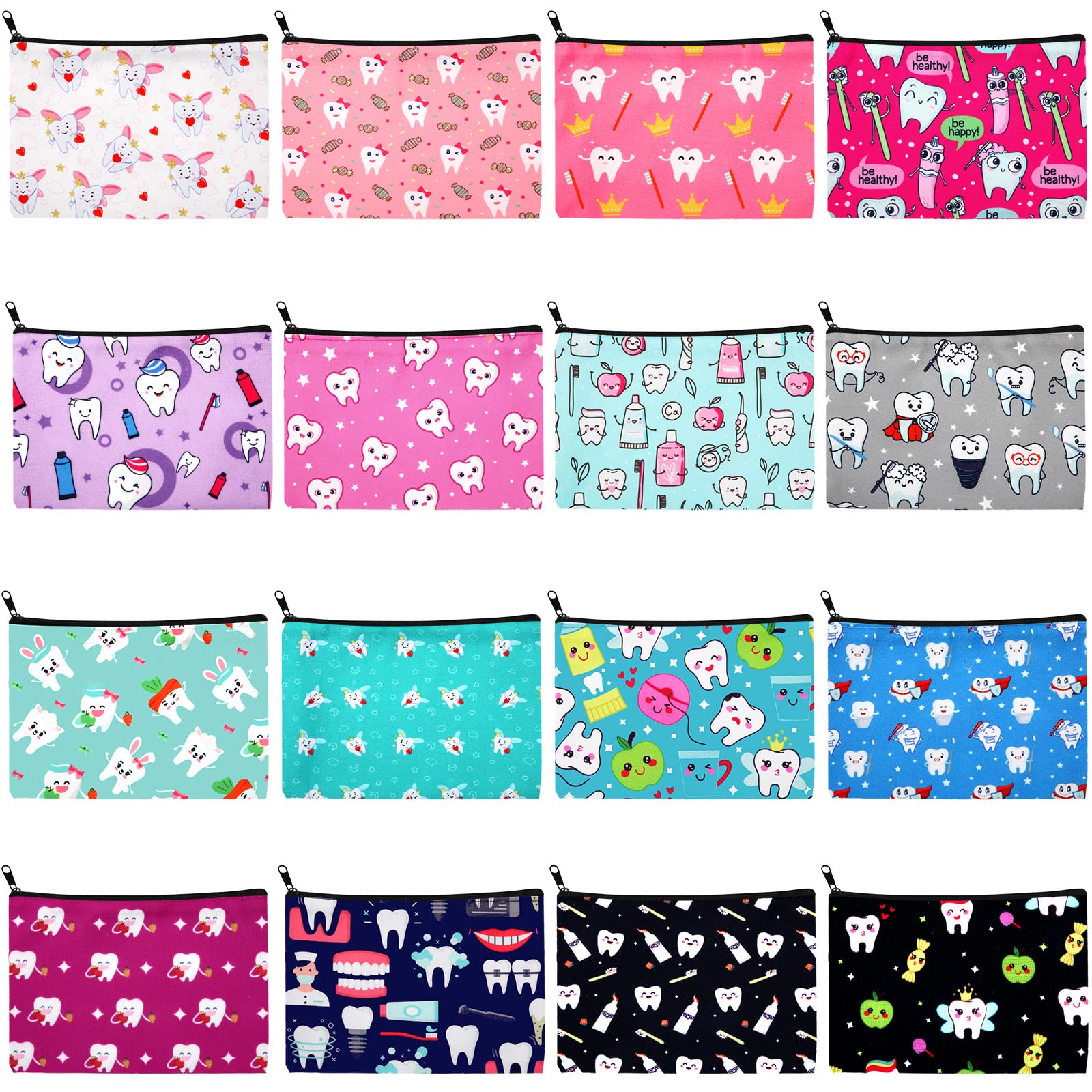 16 Pcs Cute Waterproof Teeth Makeup Bag - Travel Cosmetic Organizer with Zipper, Dental Hygienist Gifts for Women, Perfect for Dental Assistant Accessories & Toiletry Storage | Great for Travel, Work, and Daily Beauty Organization