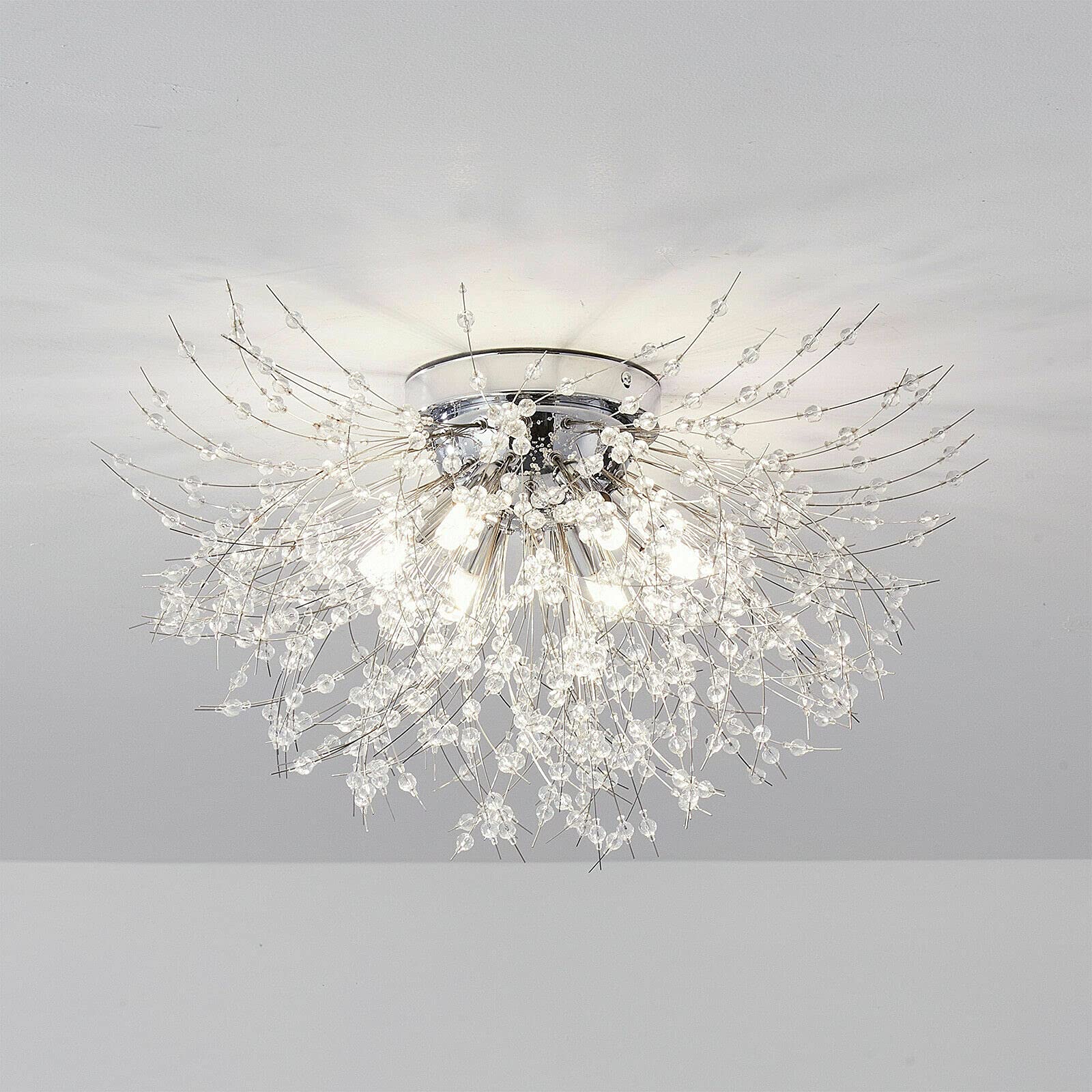 Modern 6-Light LED Crystal Chandelier Flush Mount - Sputnik Firework Design Silver Ceiling Light Fixture for Living Room, Bedroom & Dining Room | Elegant Home Lighting for Parties & Romantic Dinners